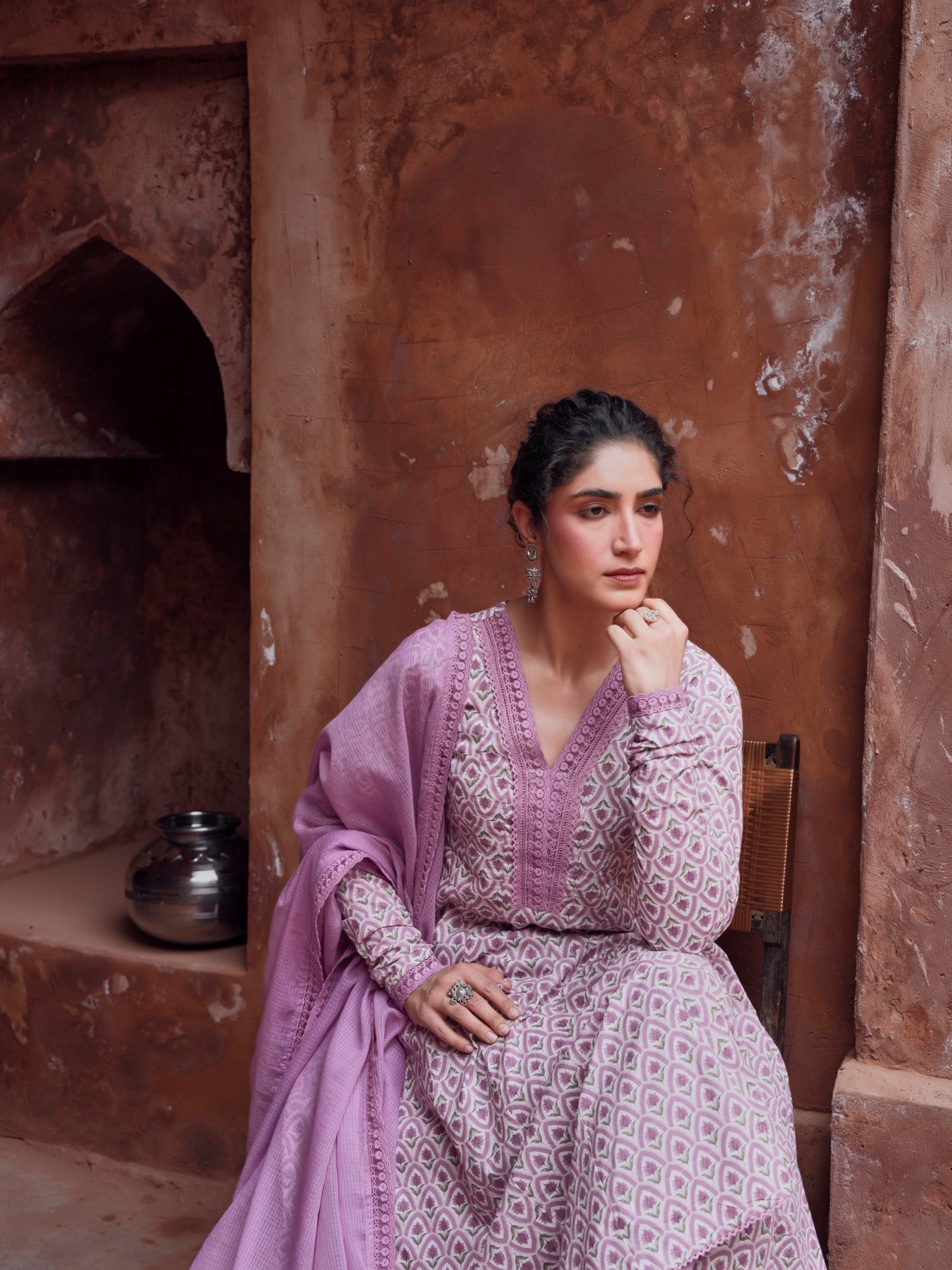 PURPLE PRINTED ANARKALI SUIT SET