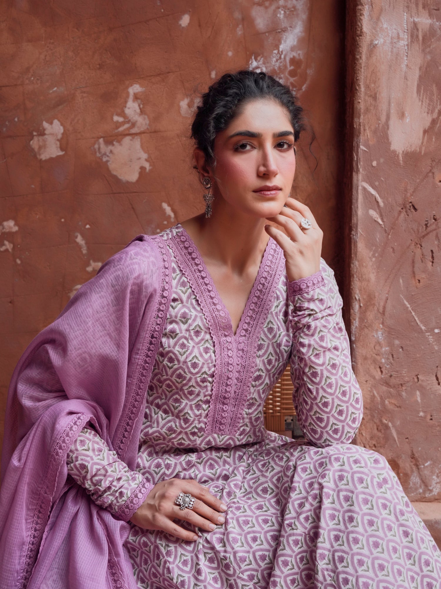 PURPLE PRINTED ANARKALI SUIT SET