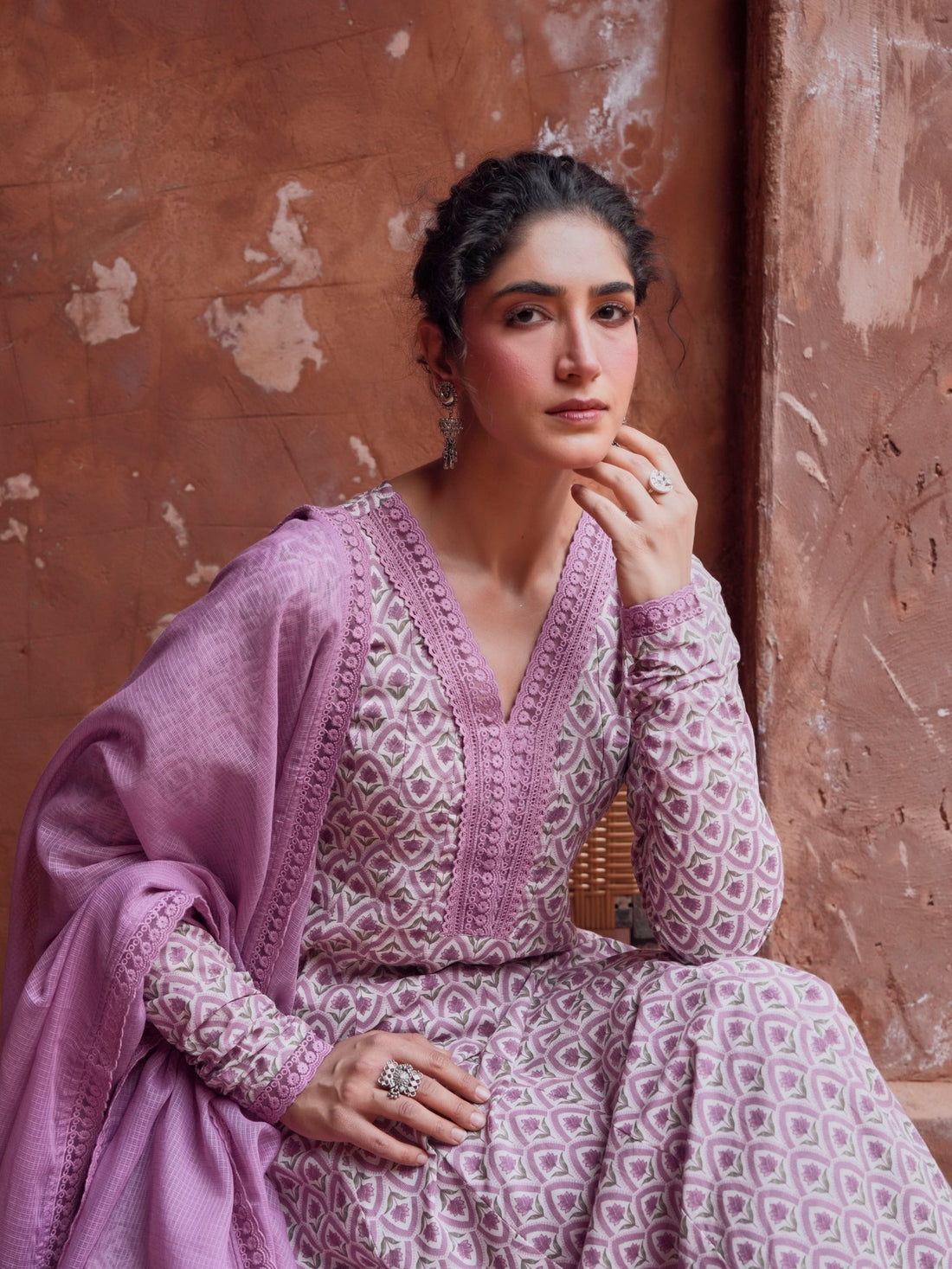 PURPLE PRINTED ANARKALI SUIT SET
