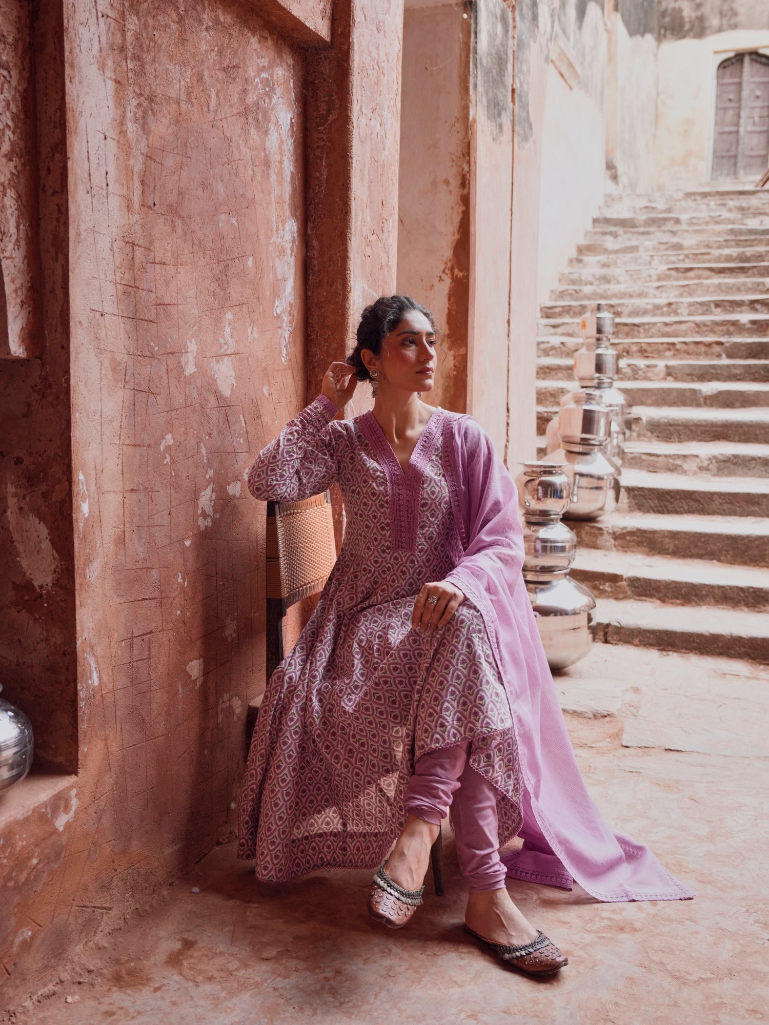 PURPLE PRINTED ANARKALI SUIT SET
