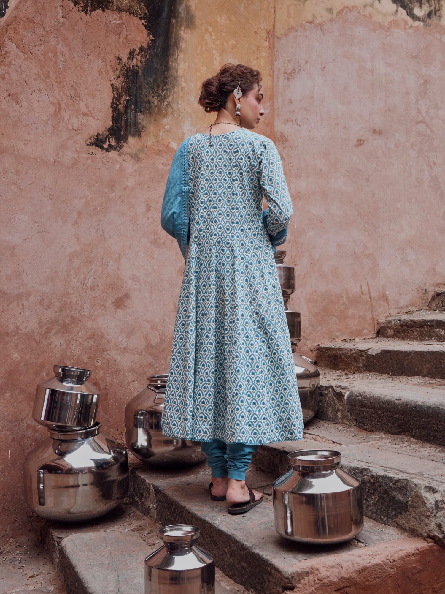 BLUE ANARKALI SUIT SET IN COTTON