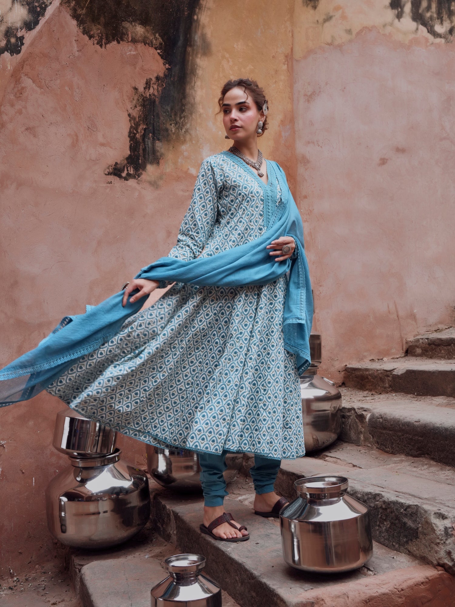 BLUE ANARKALI SUIT SET IN COTTON
