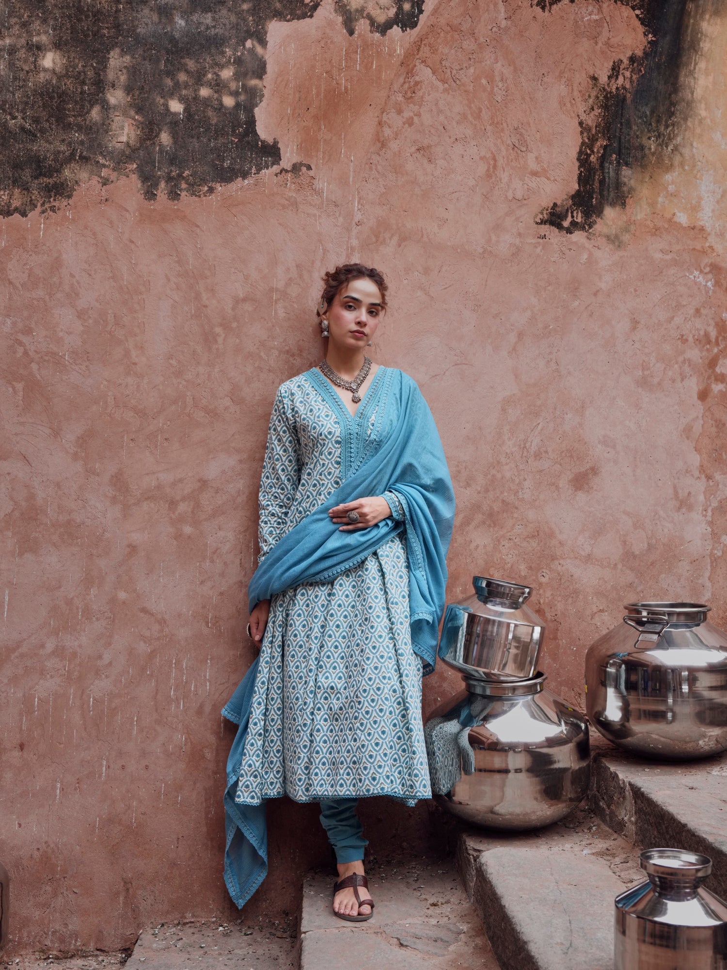 BLUE ANARKALI SUIT SET IN COTTON
