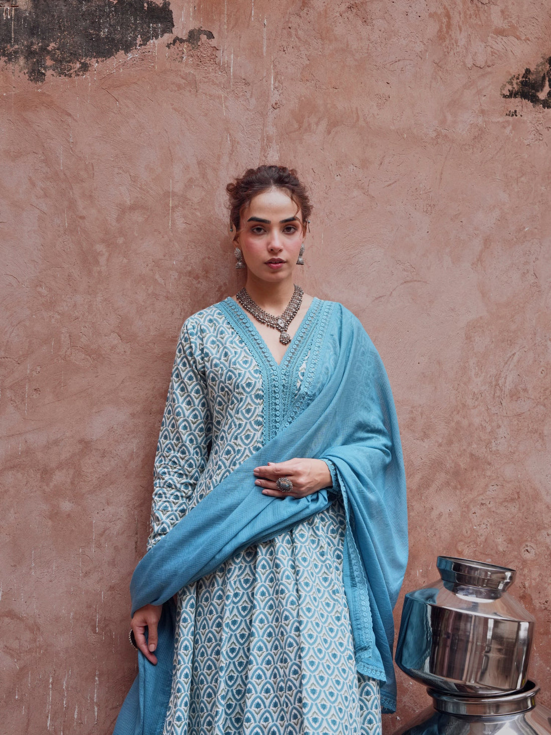BLUE ANARKALI SUIT SET IN COTTON