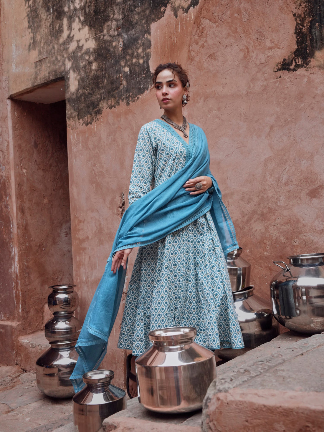 BLUE ANARKALI SUIT SET IN COTTON