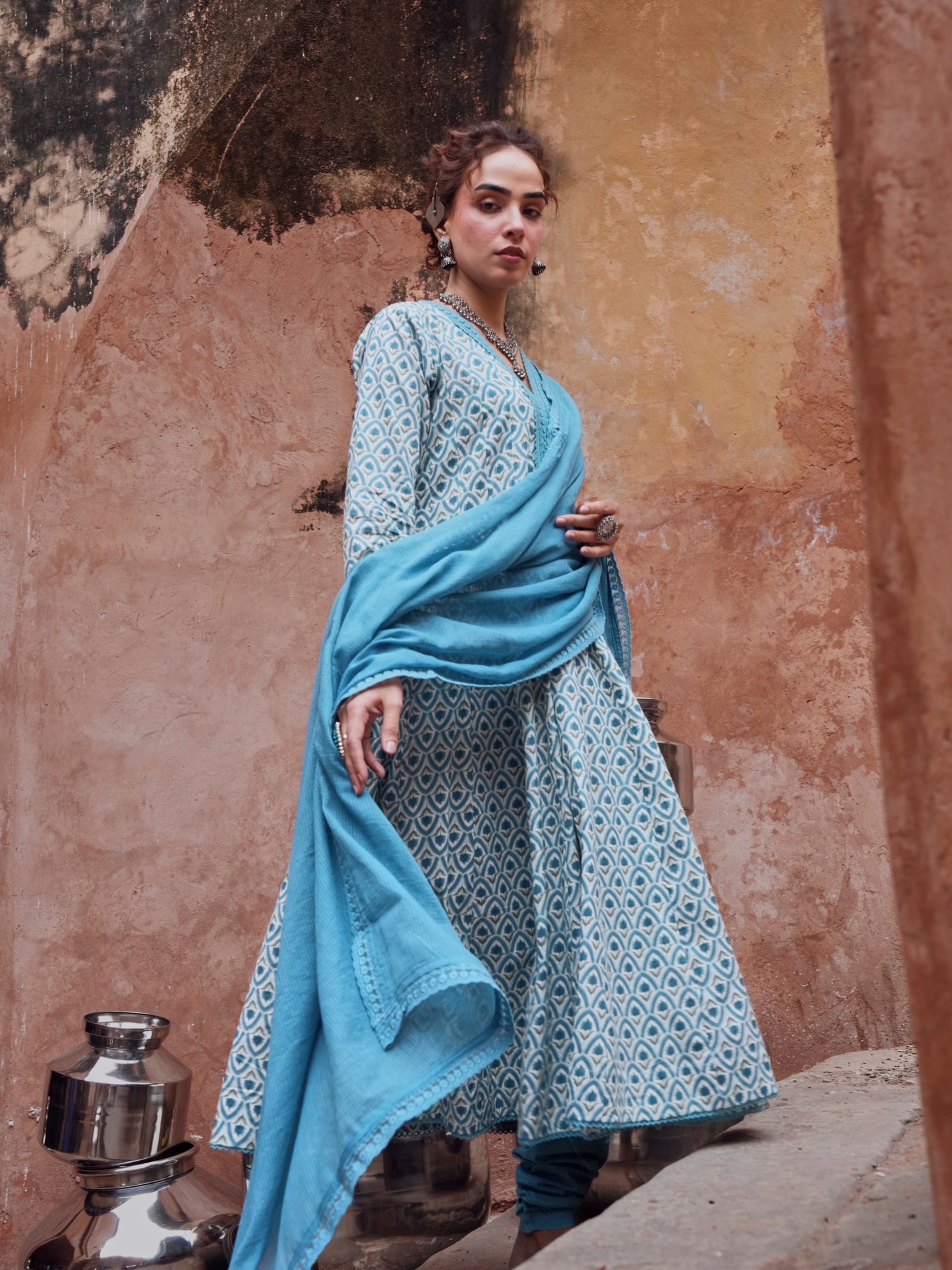 BLUE ANARKALI SUIT SET IN COTTON
