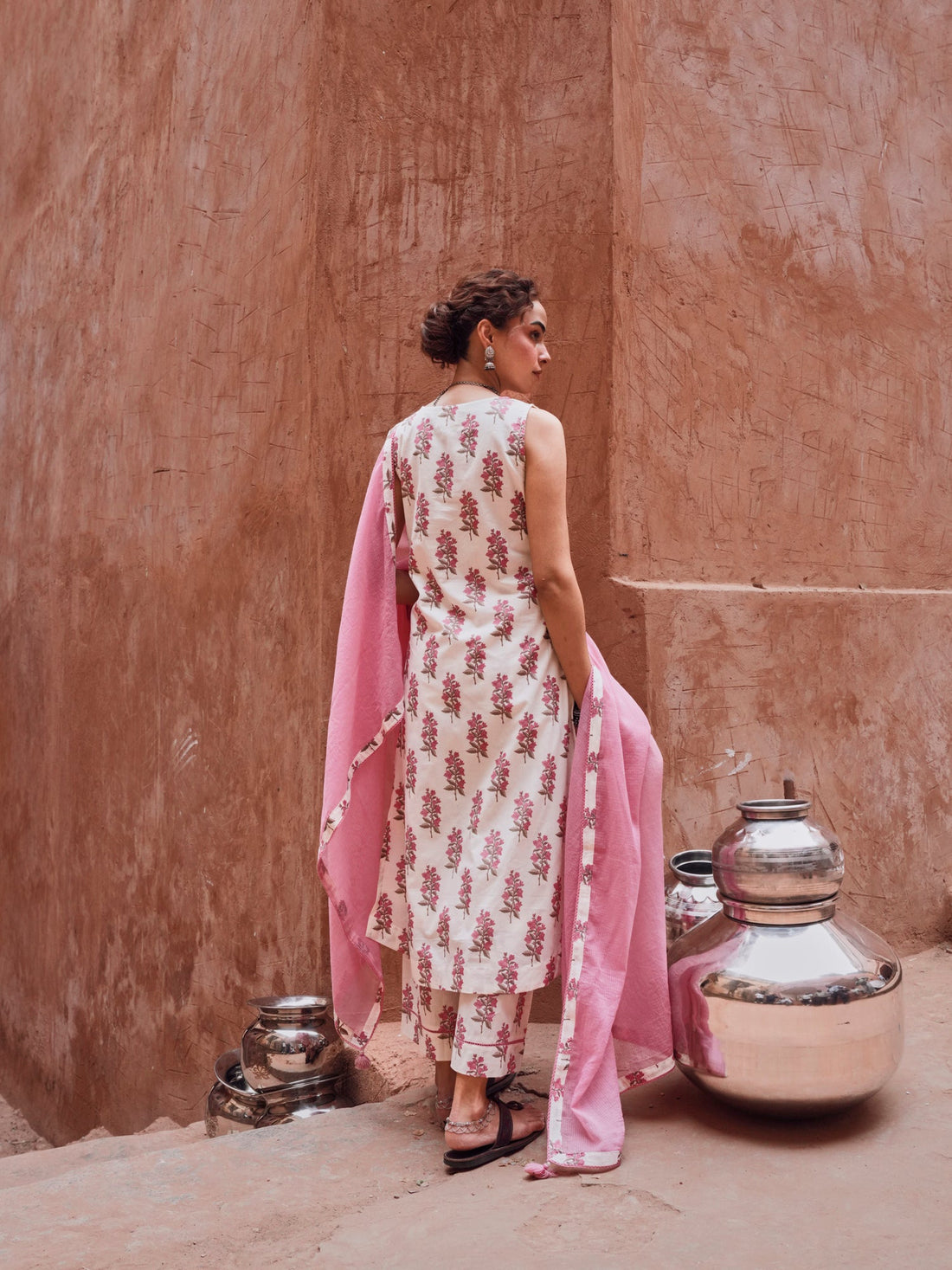PINK FLORAL PRINT SUIT SET IN COTTON