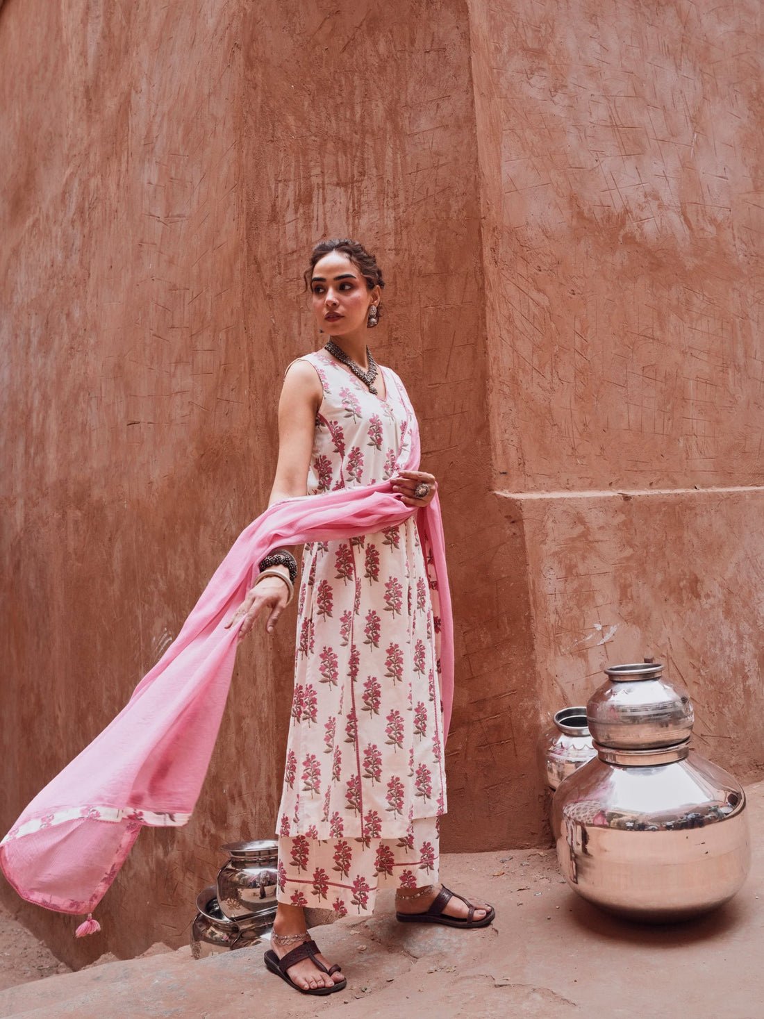 PINK FLORAL PRINT SUIT SET IN COTTON