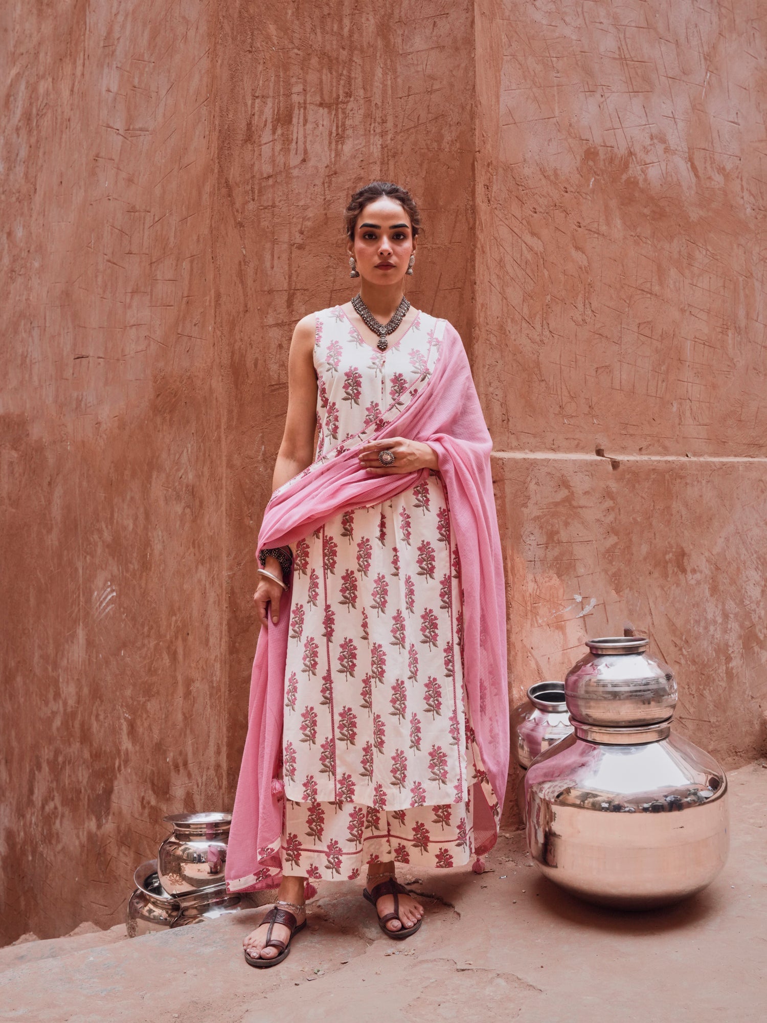 PINK FLORAL PRINT SUIT SET IN COTTON