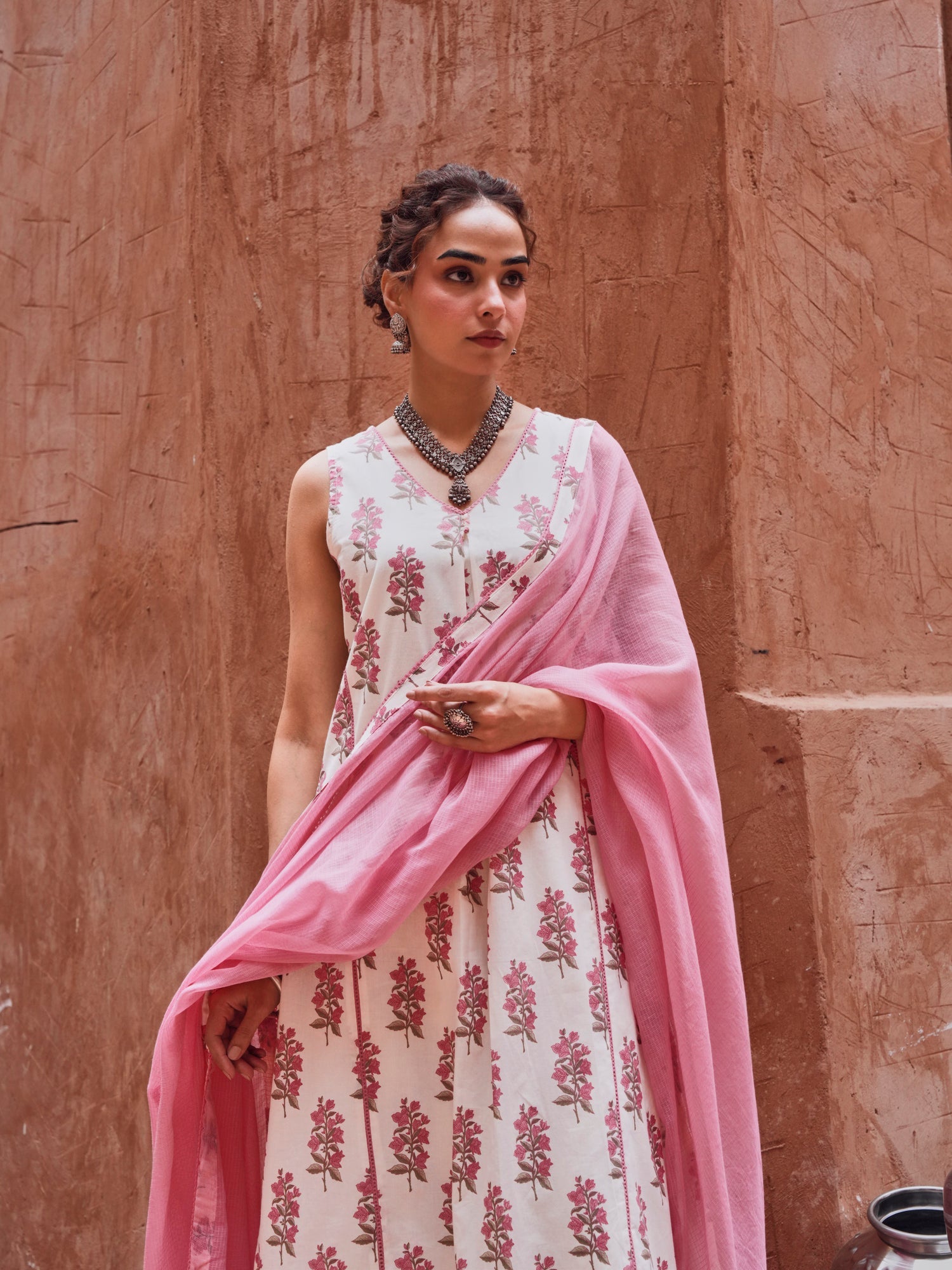 PINK FLORAL PRINT SUIT SET IN COTTON