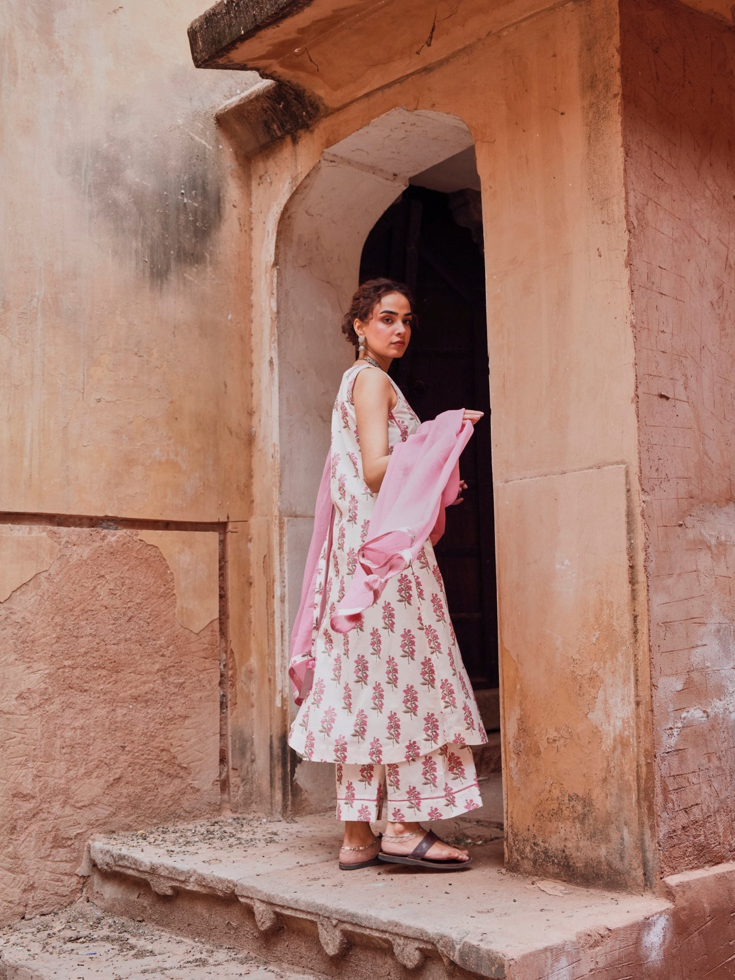 PINK FLORAL PRINT SUIT SET IN COTTON