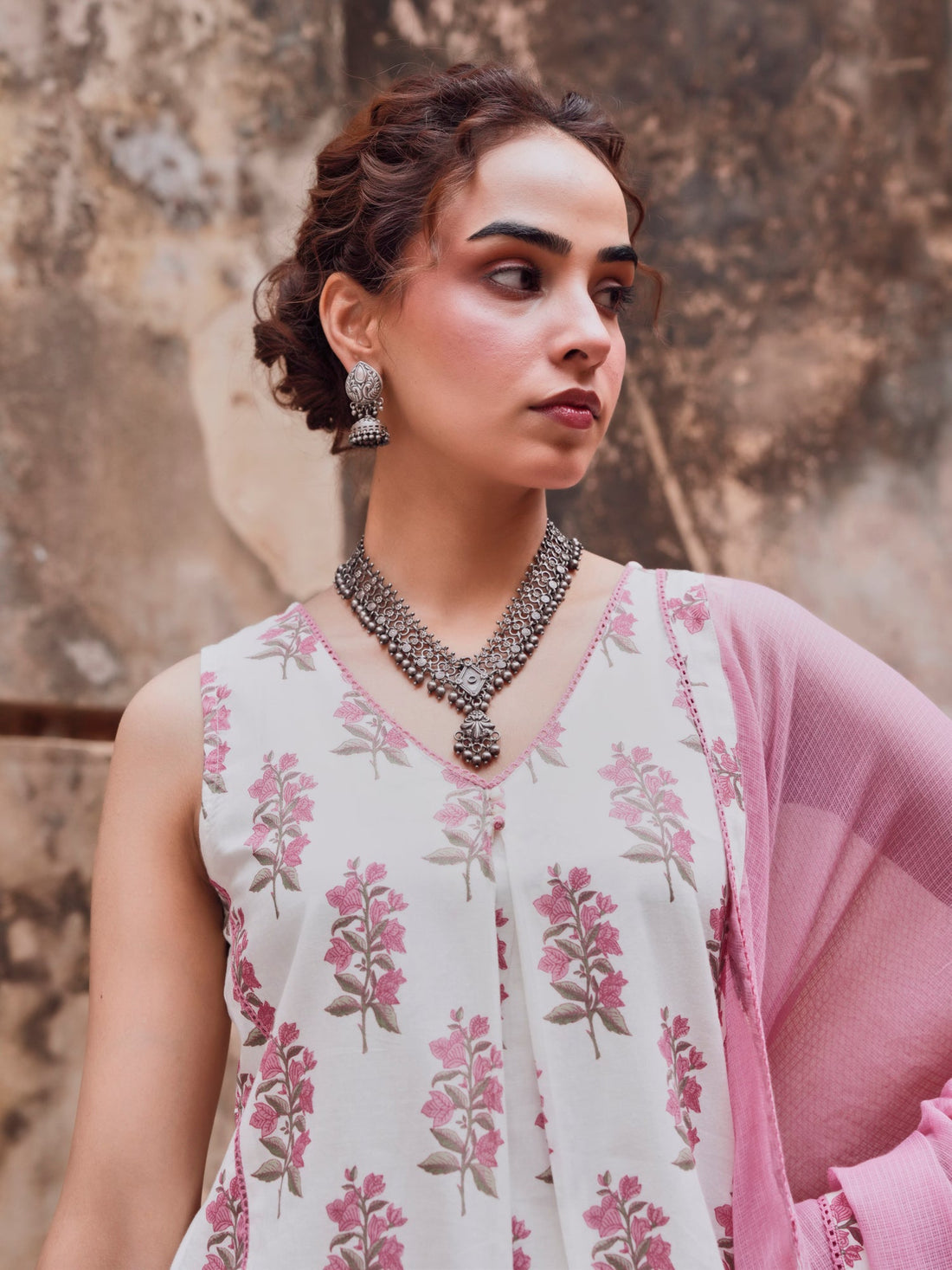 PINK FLORAL PRINT SUIT SET IN COTTON
