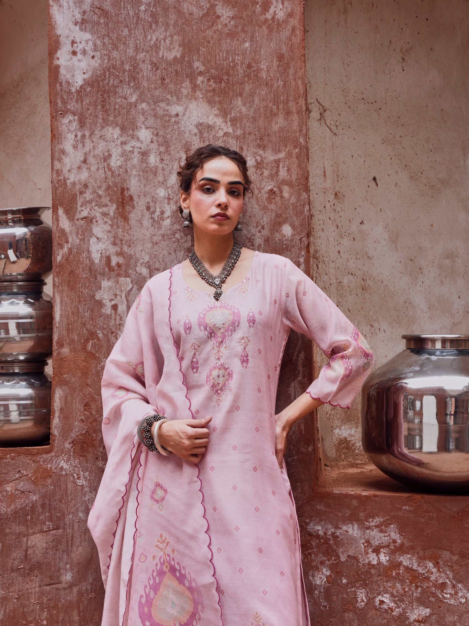 PINK EMBROIDERED SUIT SET IN CHANDERI