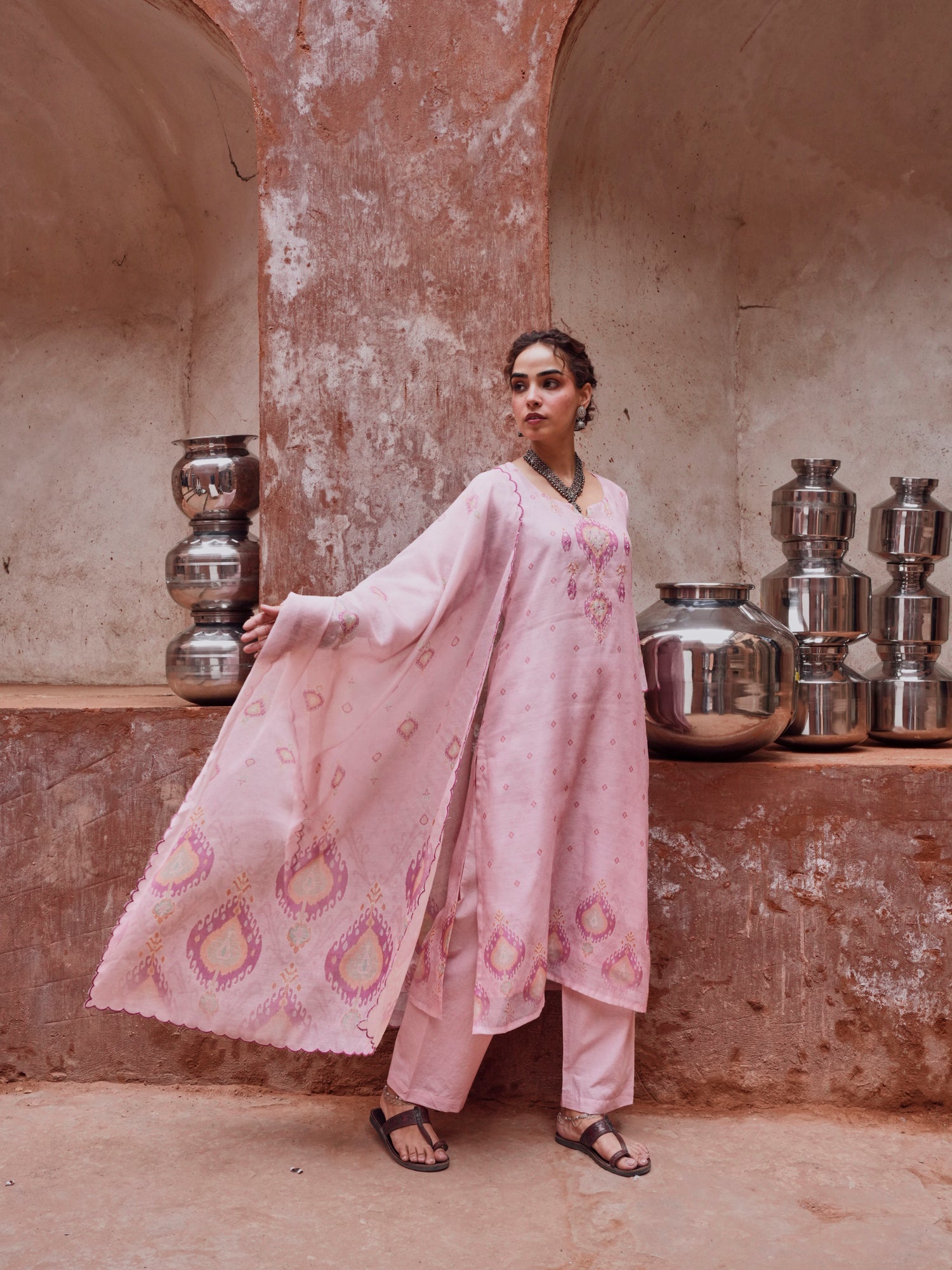 PINK EMBROIDERED SUIT SET IN CHANDERI
