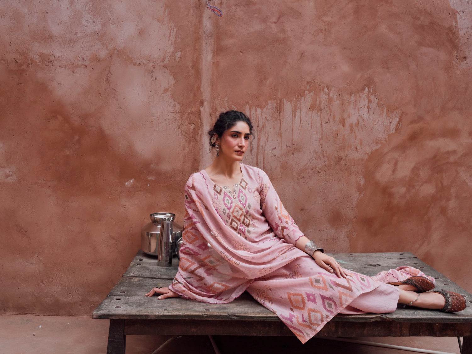 PINK IKKAT PRINT CHANDERI KURTA SET