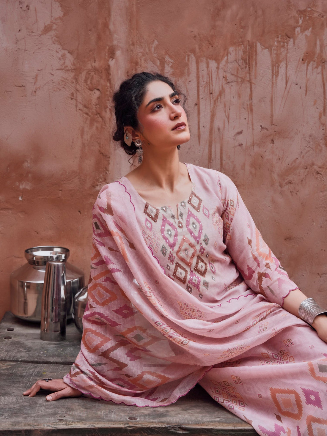 PINK IKKAT PRINT CHANDERI KURTA SET