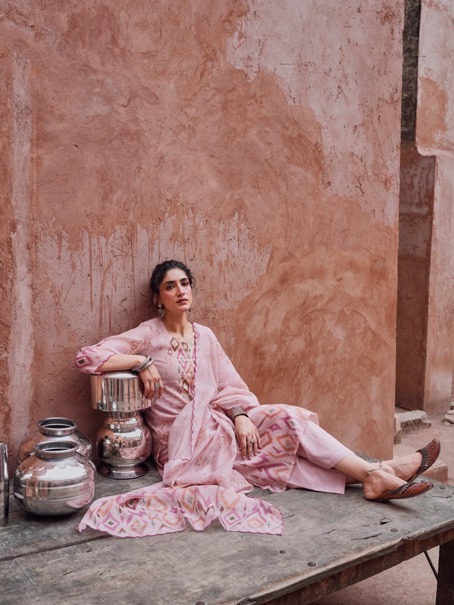 PINK IKKAT PRINT CHANDERI KURTA SET