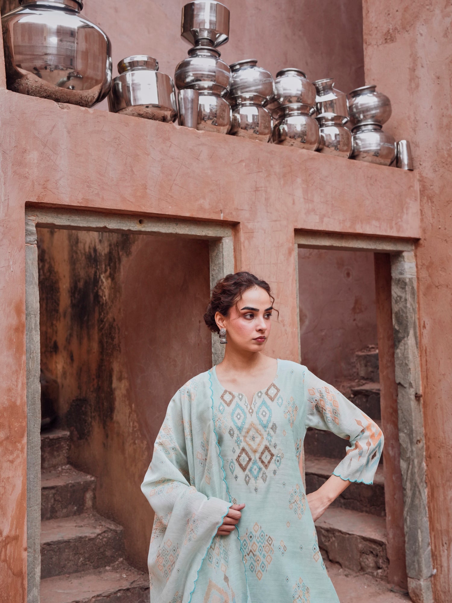 AQUA BLUE IKKAT PRINT CHANDERI KURTA SET