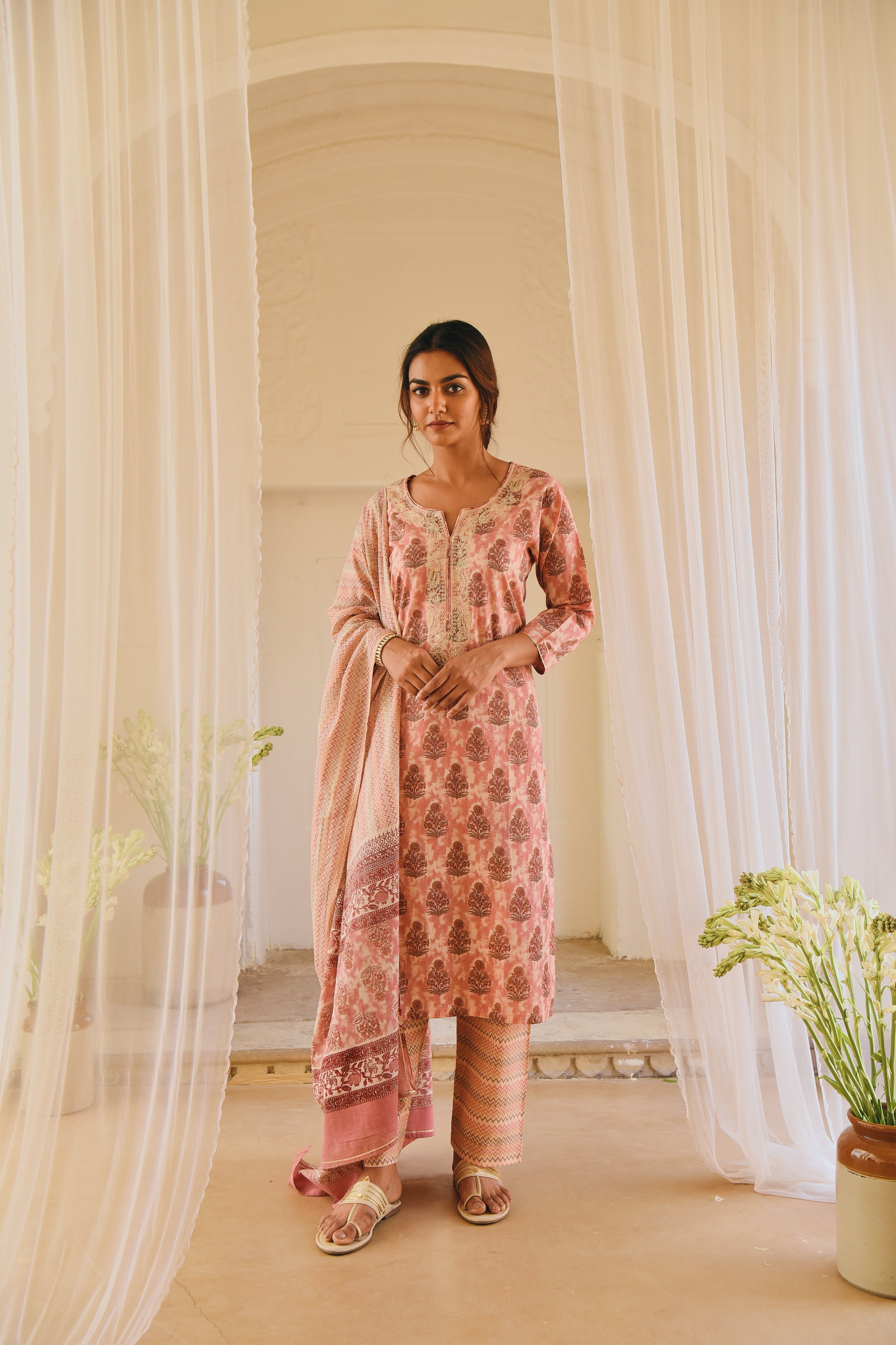 PINK BLOCK PRINTED KURTA SET