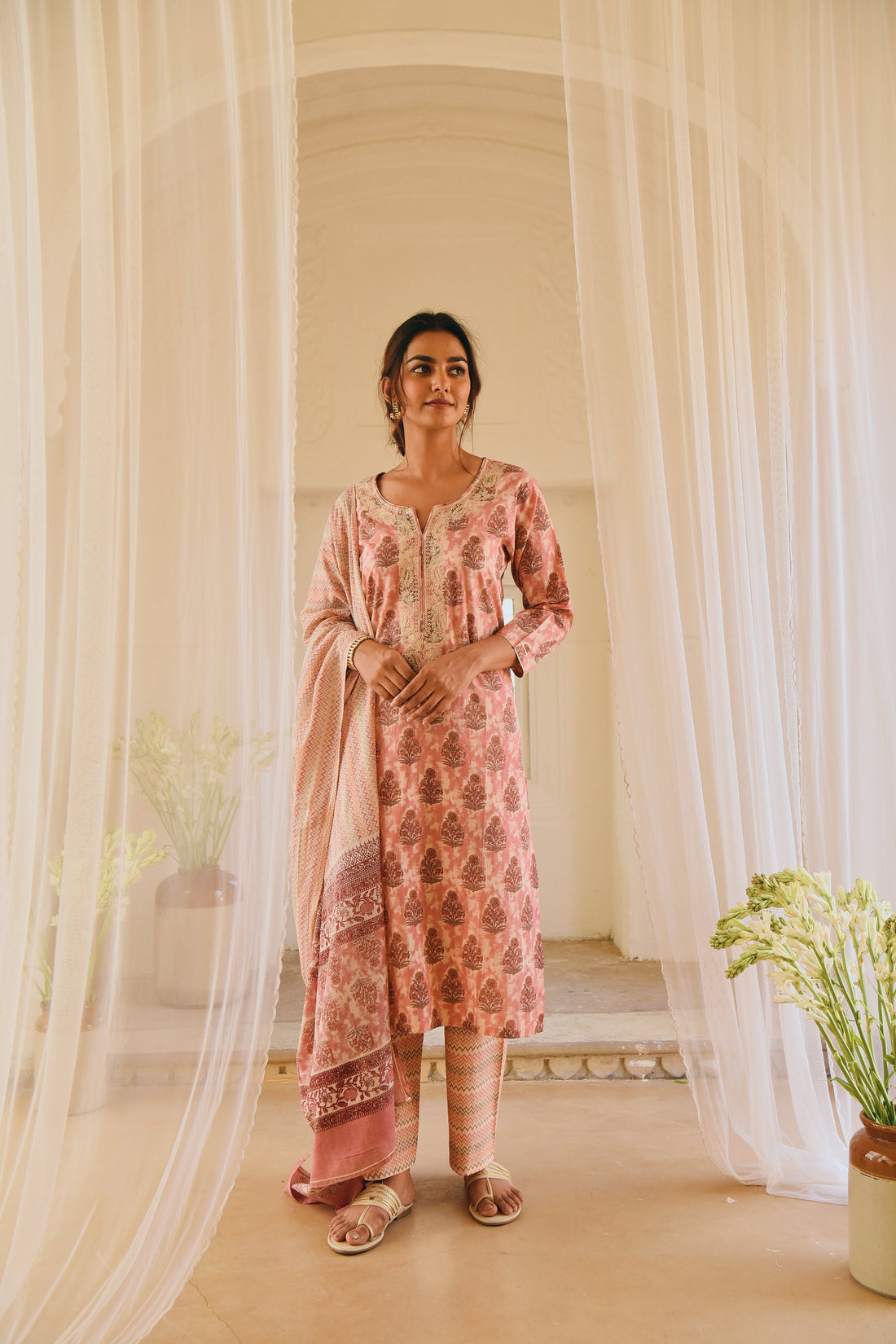 PINK BLOCK PRINTED KURTA SET