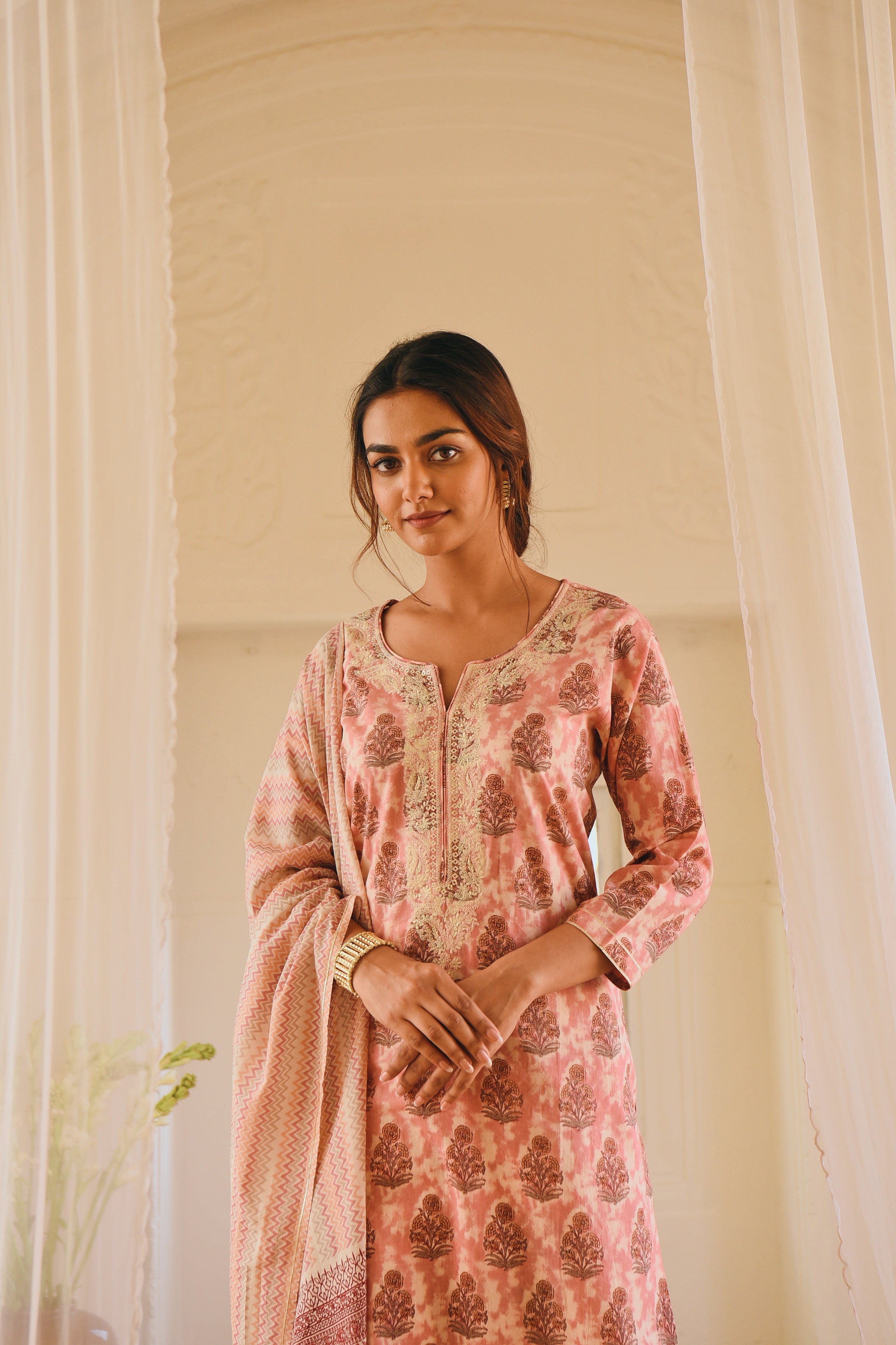 PINK BLOCK PRINTED KURTA SET