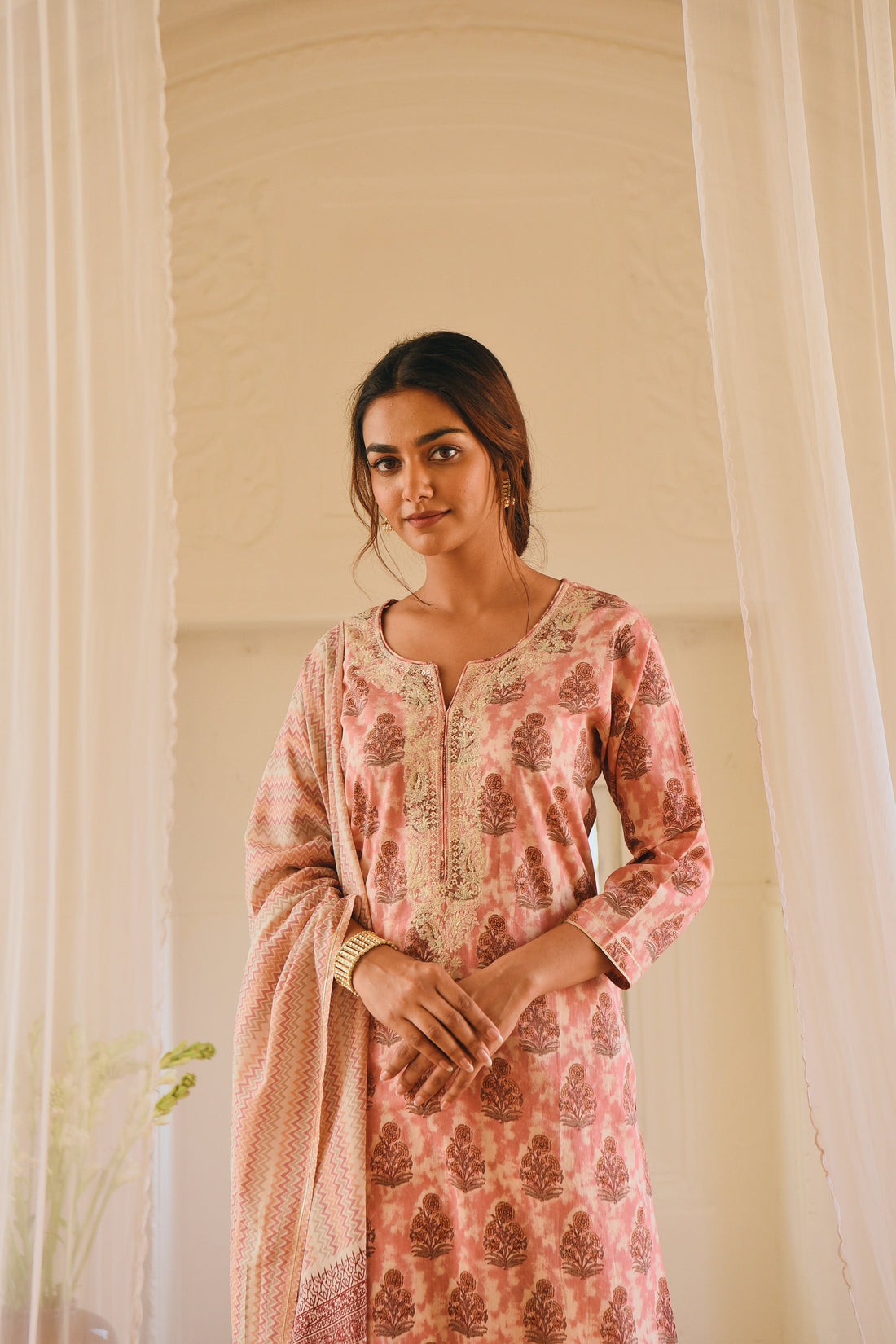 PINK BLOCK PRINTED KURTA SET