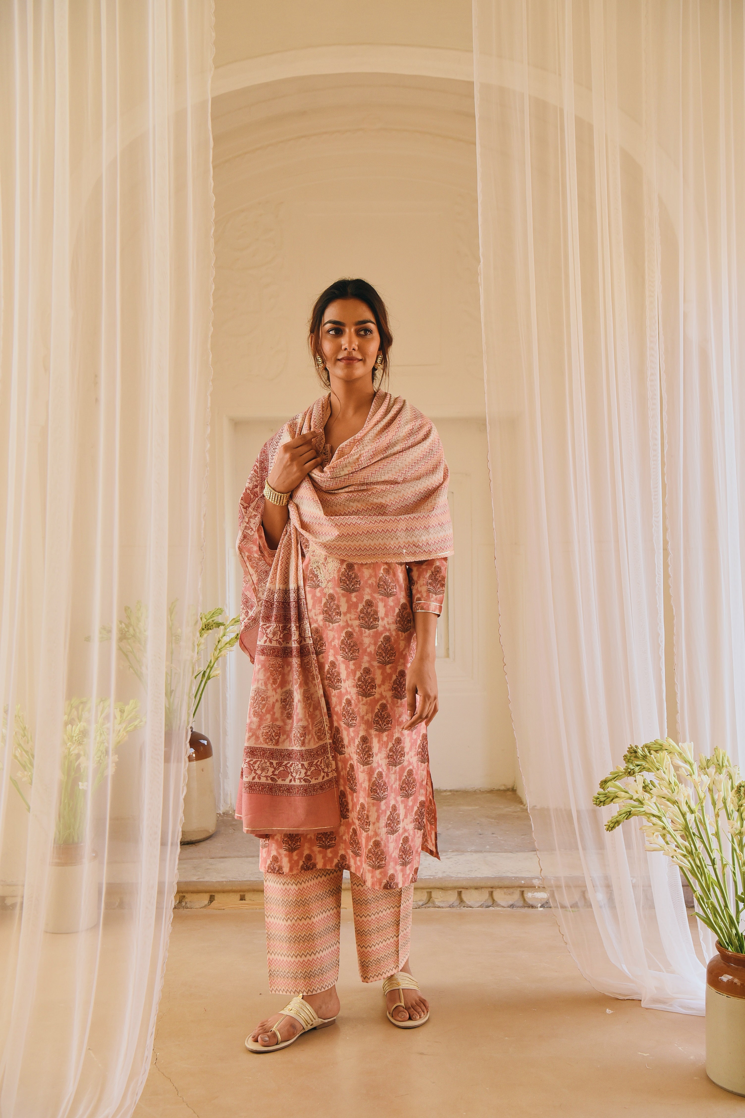 PINK BLOCK PRINTED KURTA SET