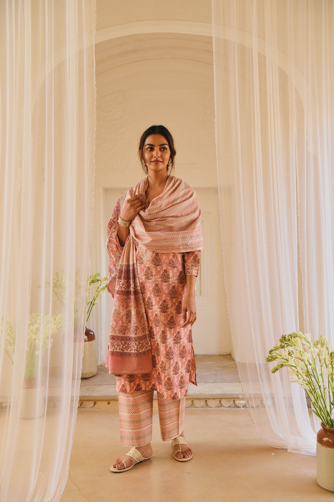 PINK BLOCK PRINTED KURTA SET