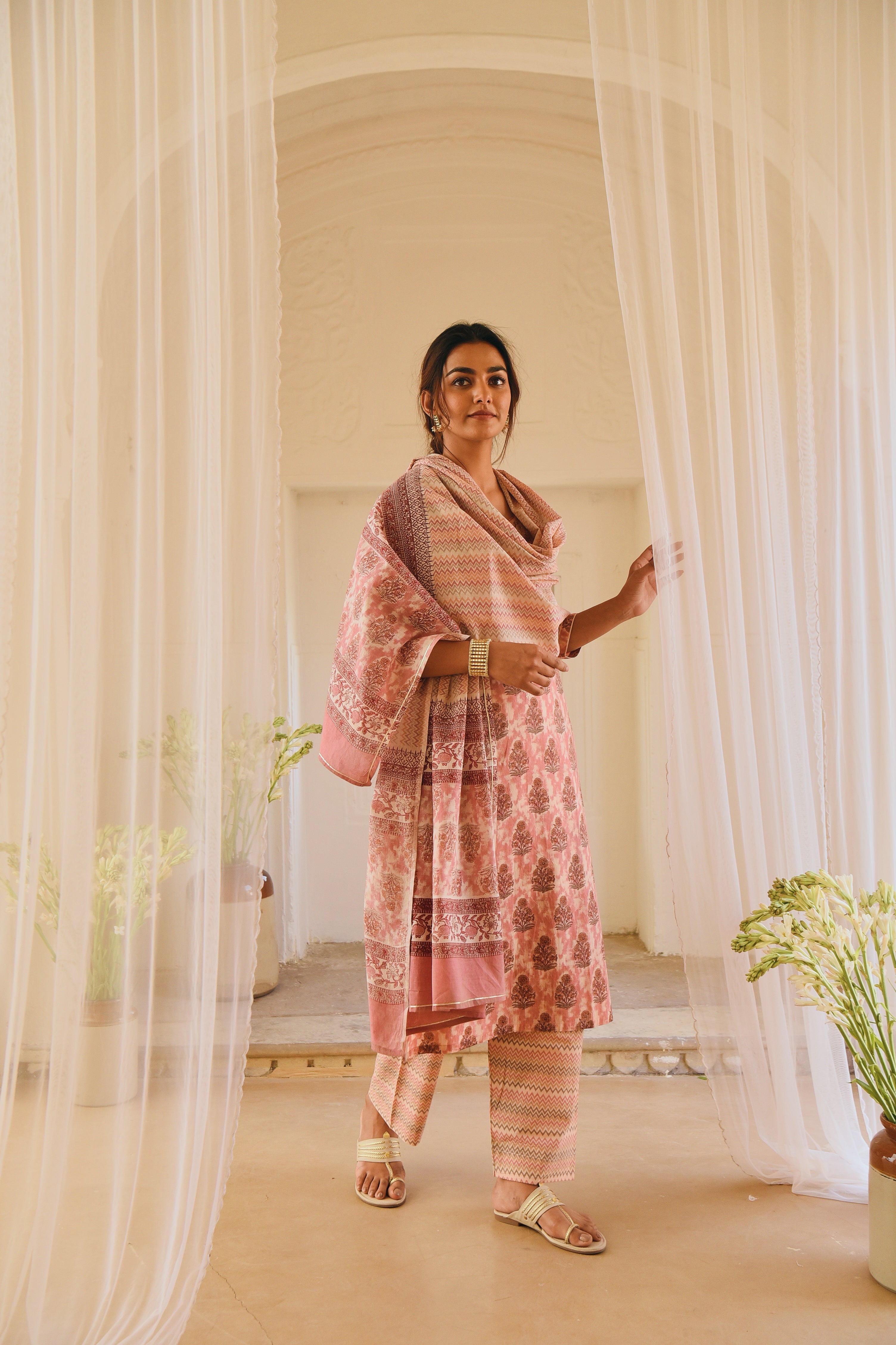 PINK BLOCK PRINTED KURTA SET
