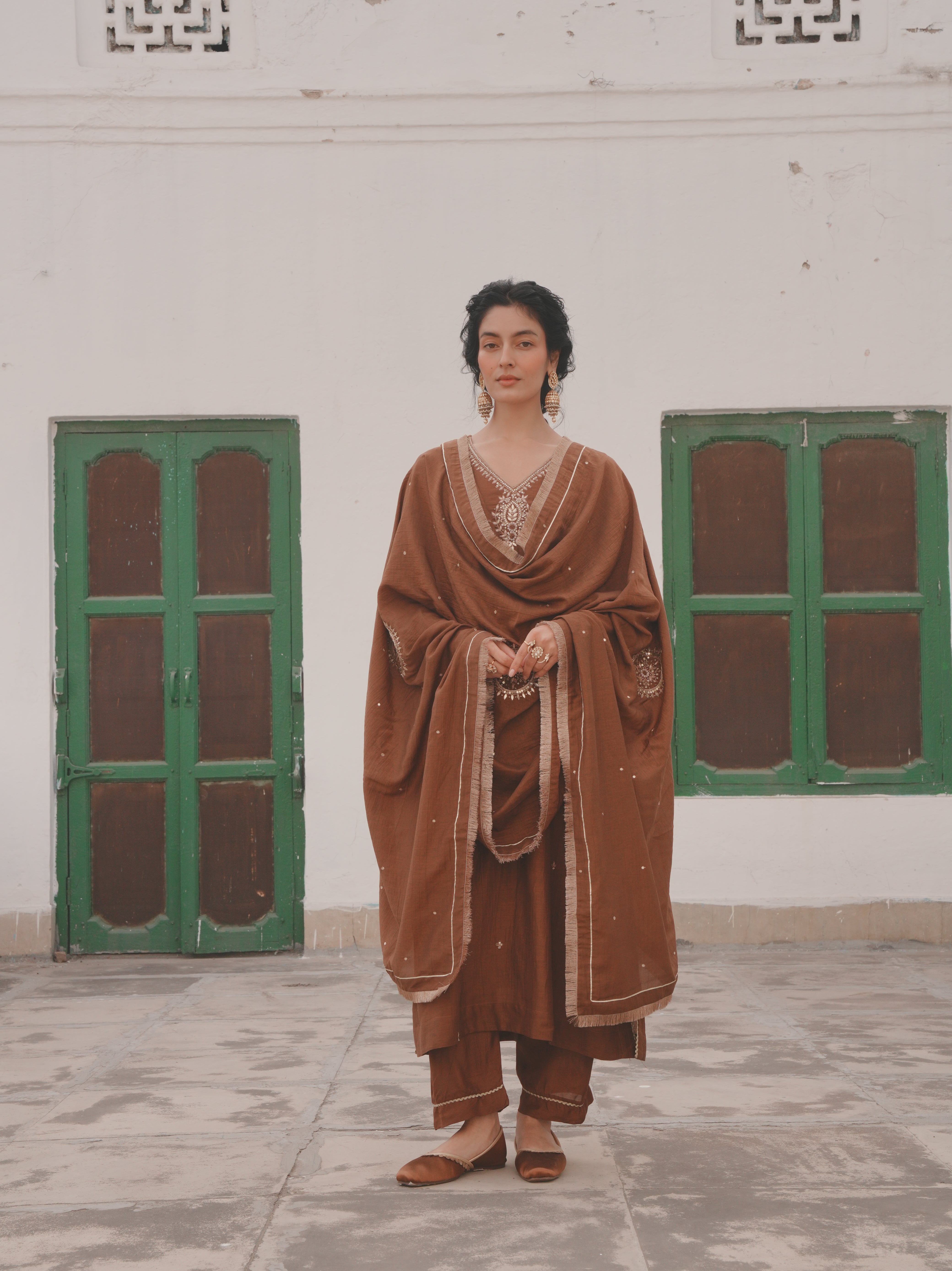 BROWN MUL CHANDERI KURTA SET