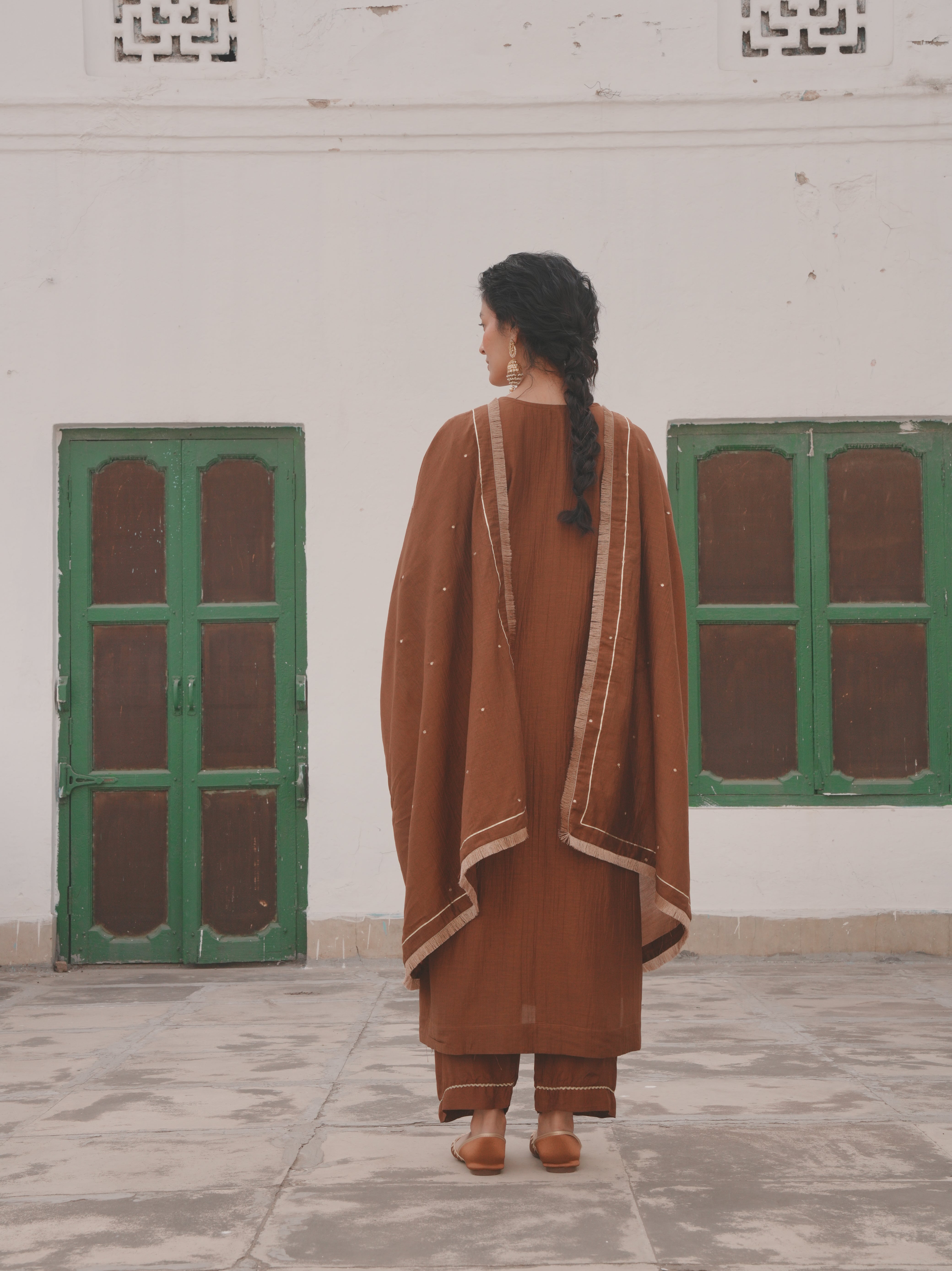 BROWN MUL CHANDERI KURTA SET