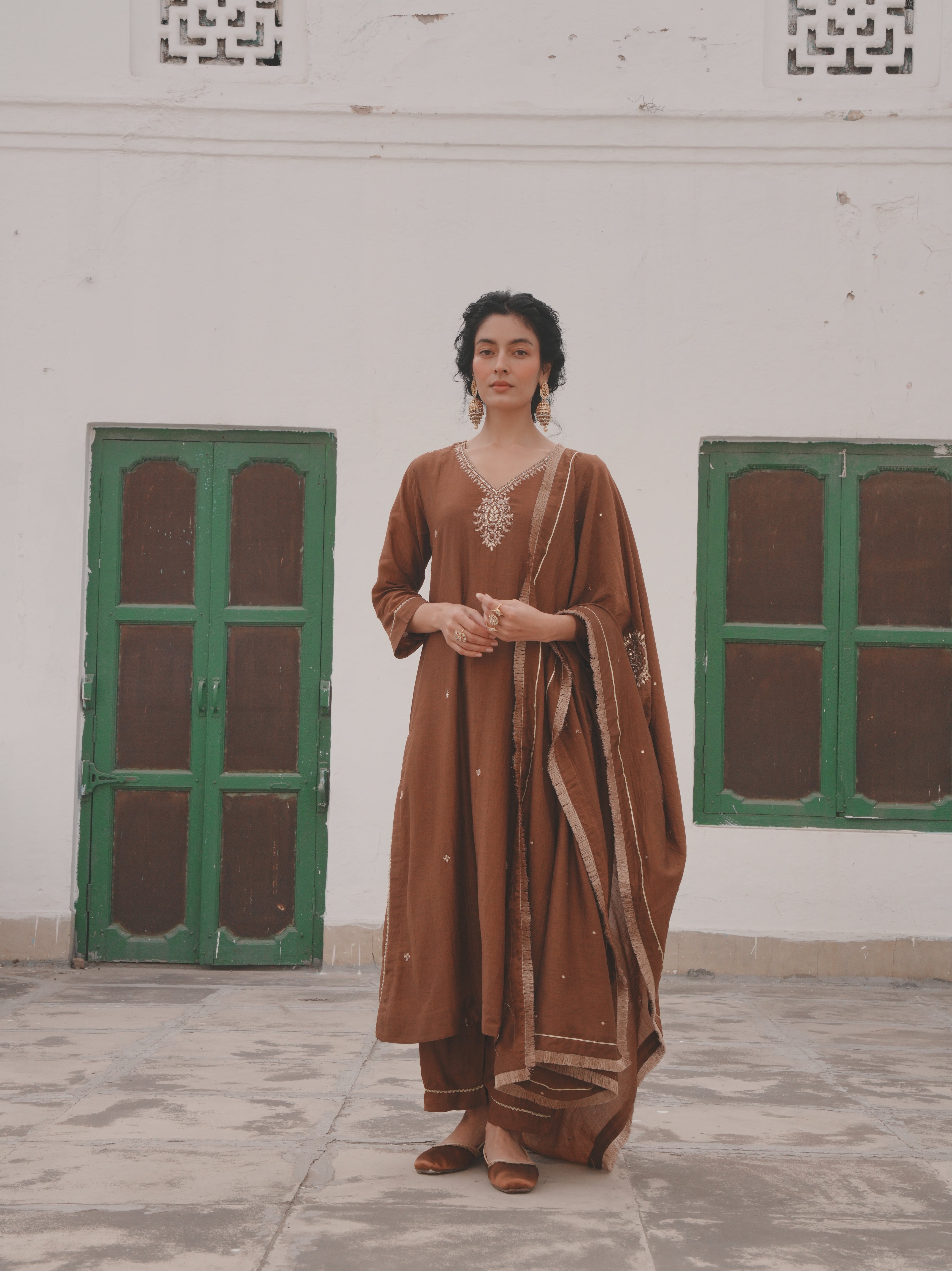 BROWN MUL CHANDERI KURTA SET