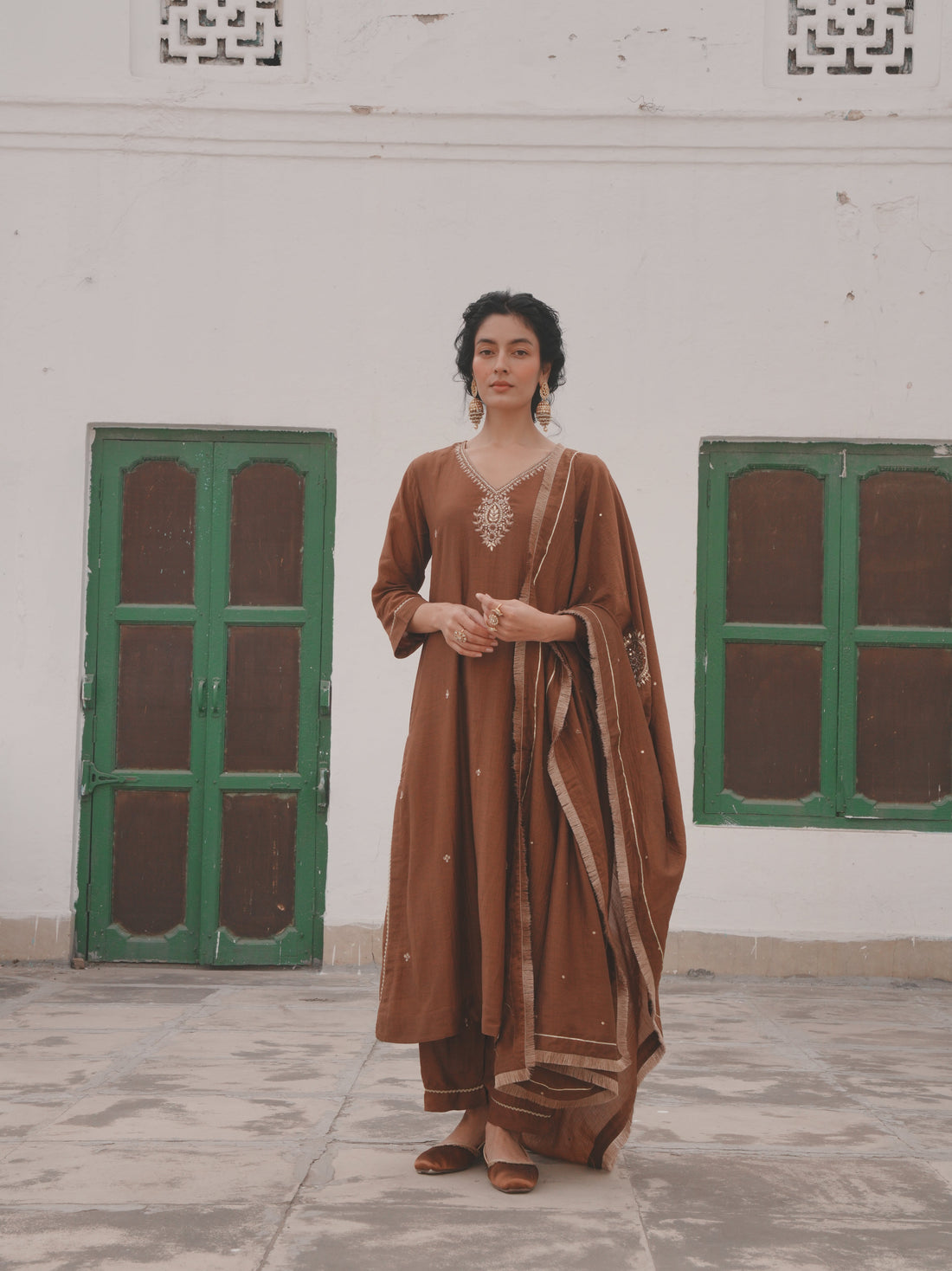 BROWN MUL CHANDERI KURTA SET