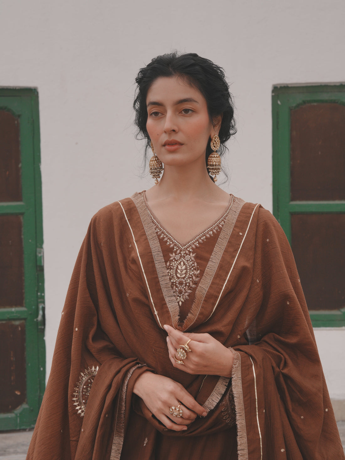 BROWN MUL CHANDERI KURTA SET
