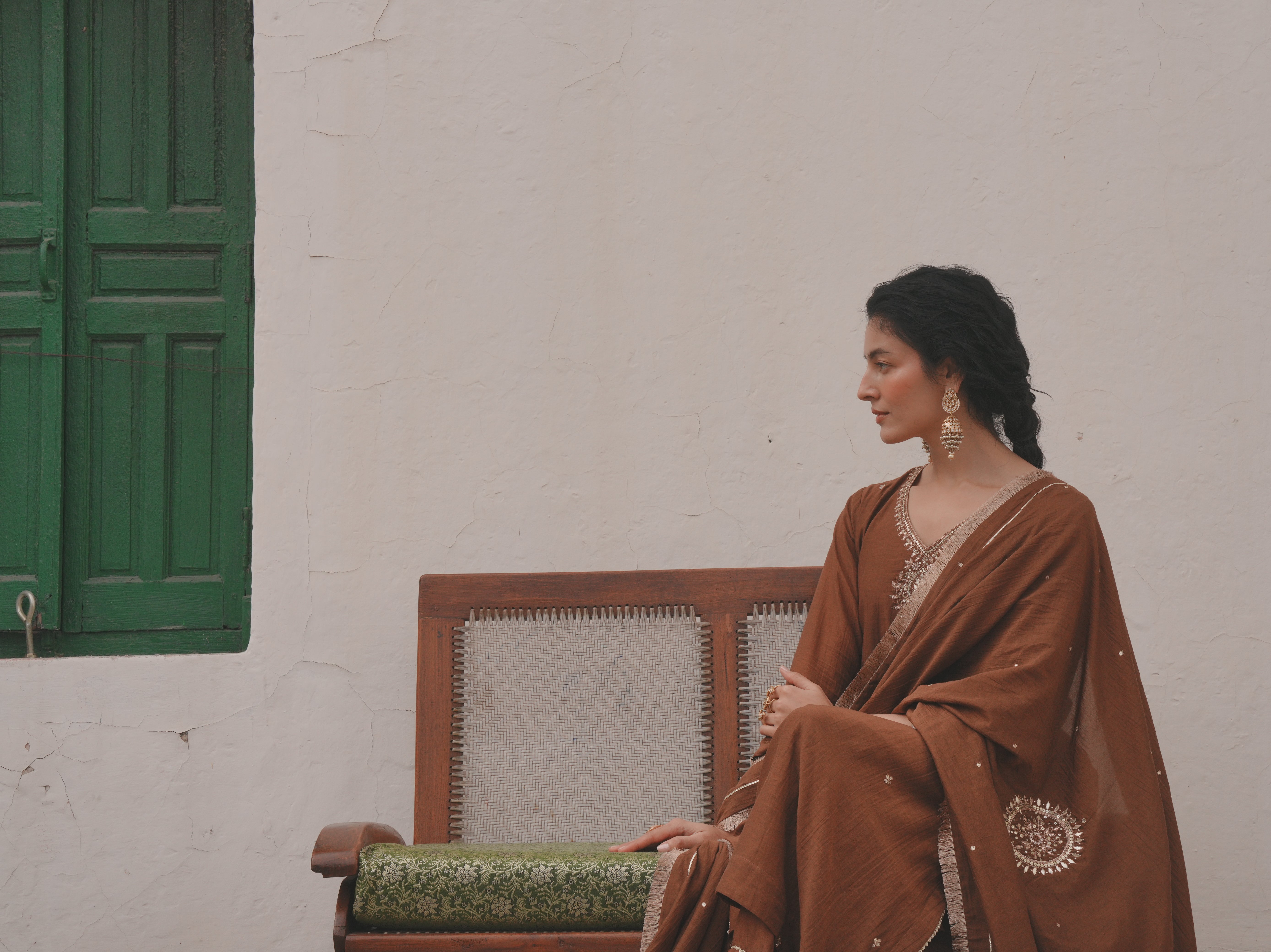 BROWN MUL CHANDERI KURTA SET
