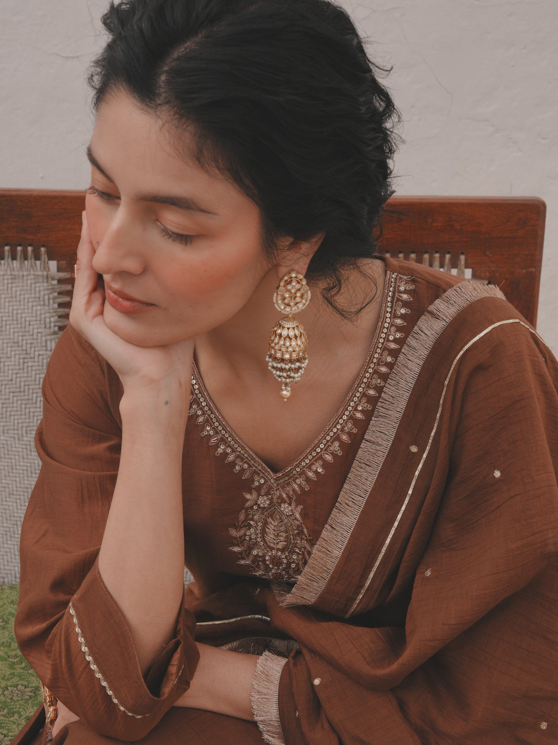 BROWN MUL CHANDERI KURTA SET