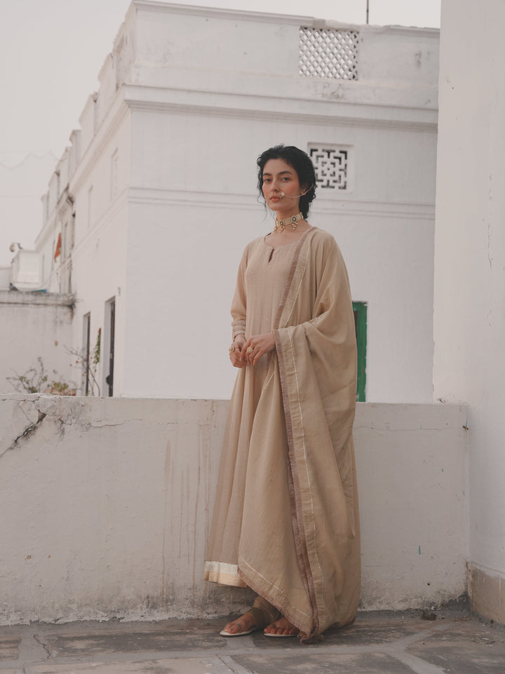 BEIGE MUL CHANDERI ANARKALI SET