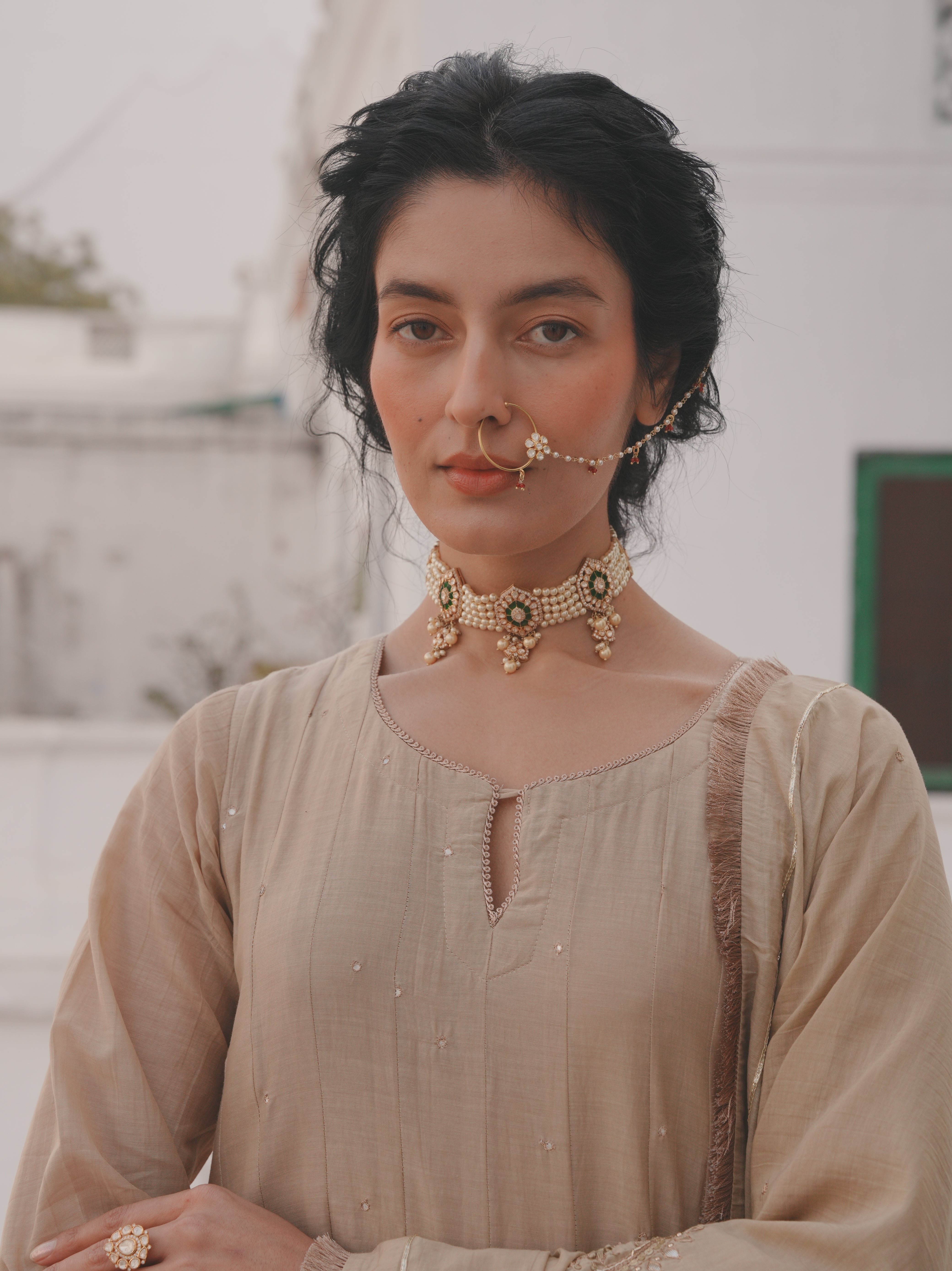 BEIGE MUL CHANDERI ANARKALI SET