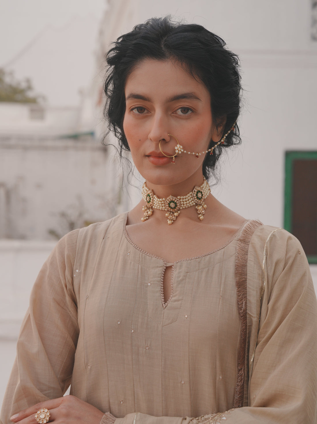 BEIGE MUL CHANDERI ANARKALI SET