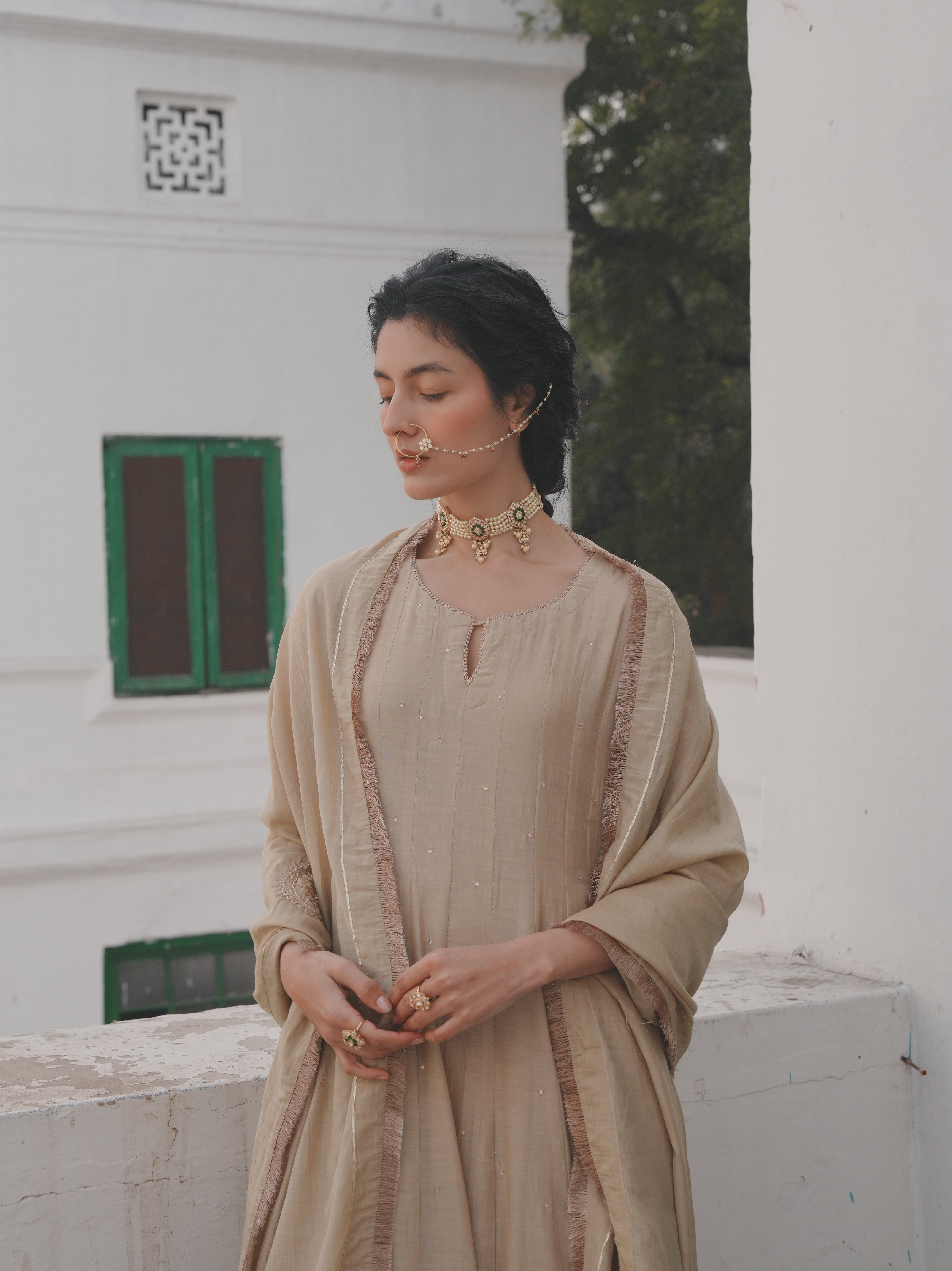 BEIGE MUL CHANDERI ANARKALI SET