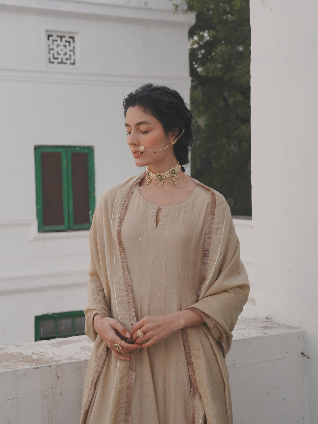 BEIGE MUL CHANDERI ANARKALI SET