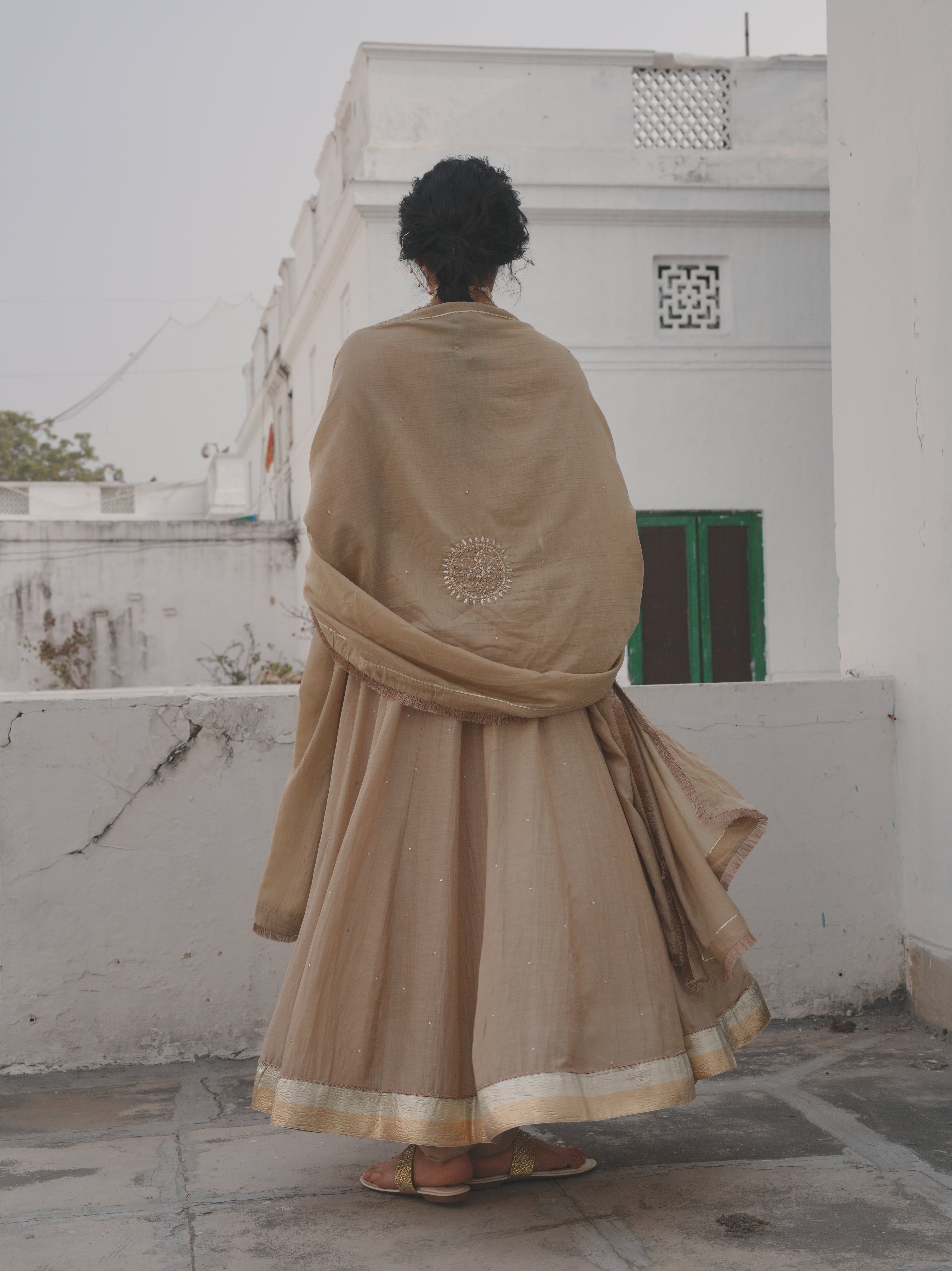 BEIGE MUL CHANDERI ANARKALI SET