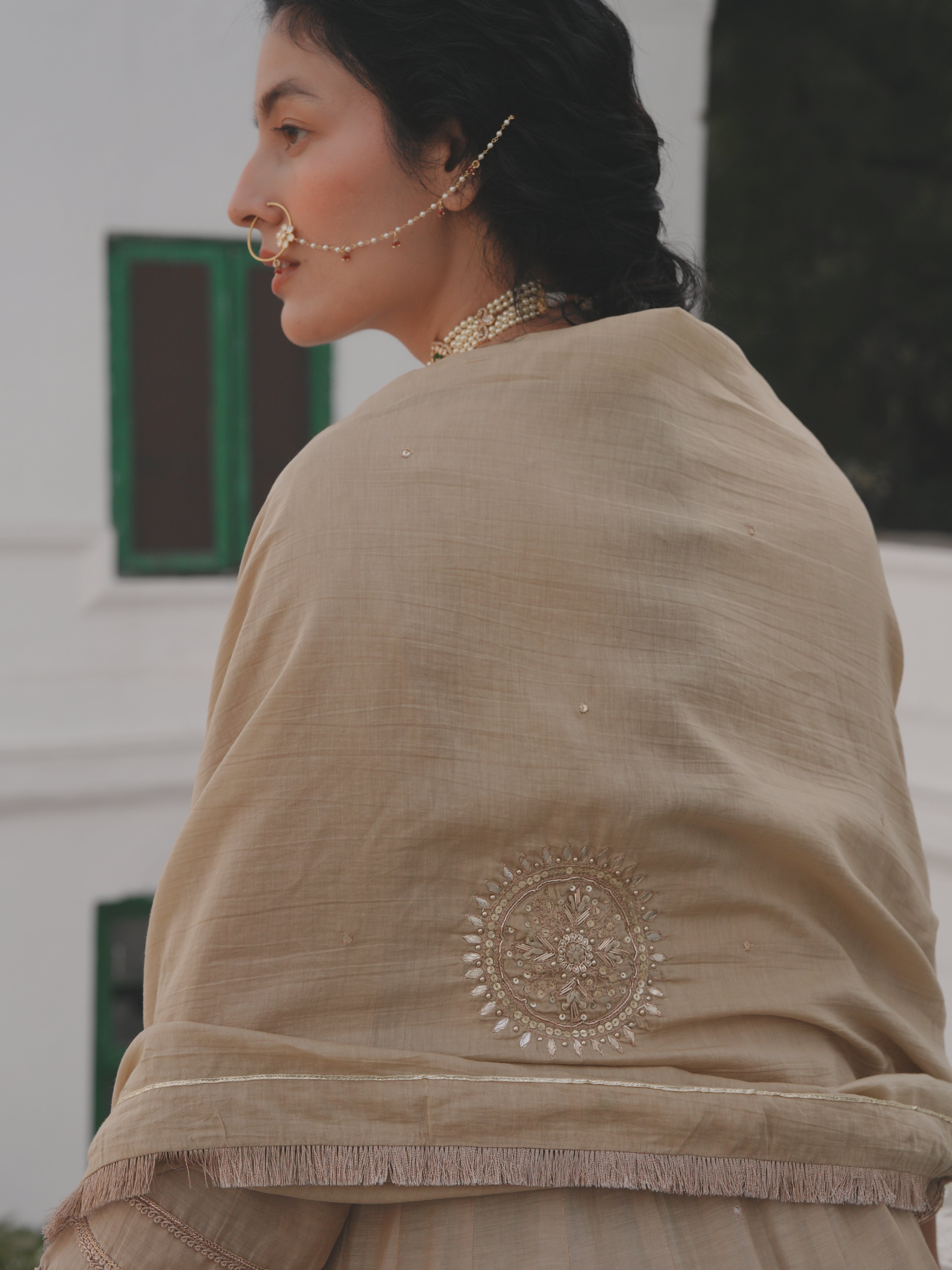 BEIGE MUL CHANDERI ANARKALI SET