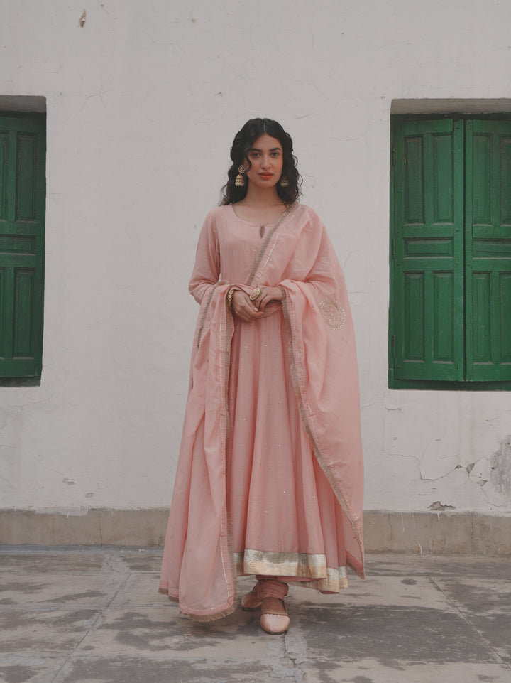 BABY PINK MUL CHANDERI ANARKALI SET