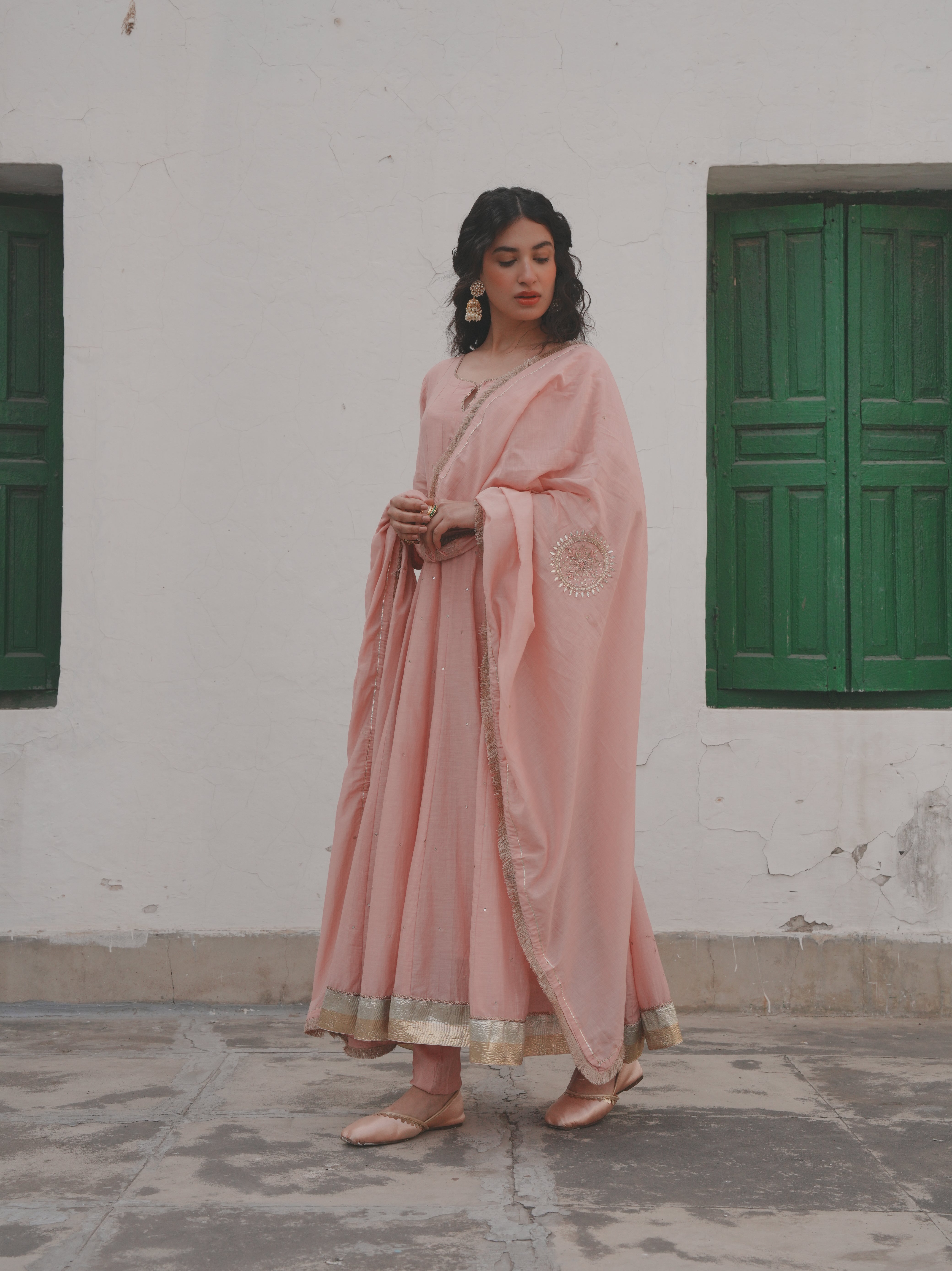BABY PINK MUL CHANDERI ANARKALI SET
