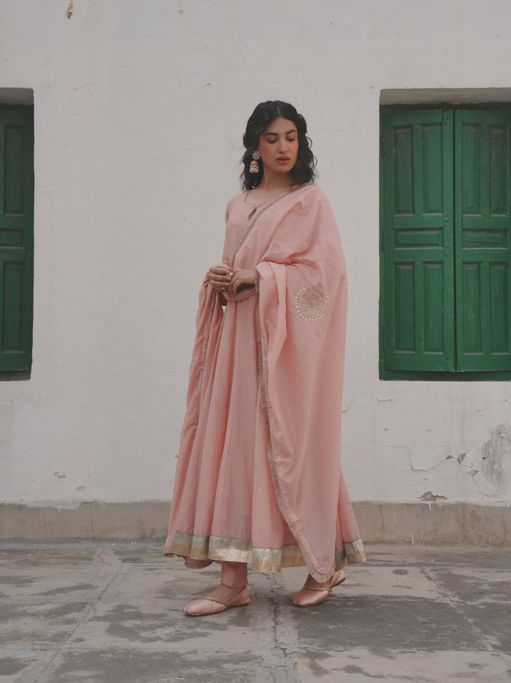 BABY PINK MUL CHANDERI ANARKALI SET
