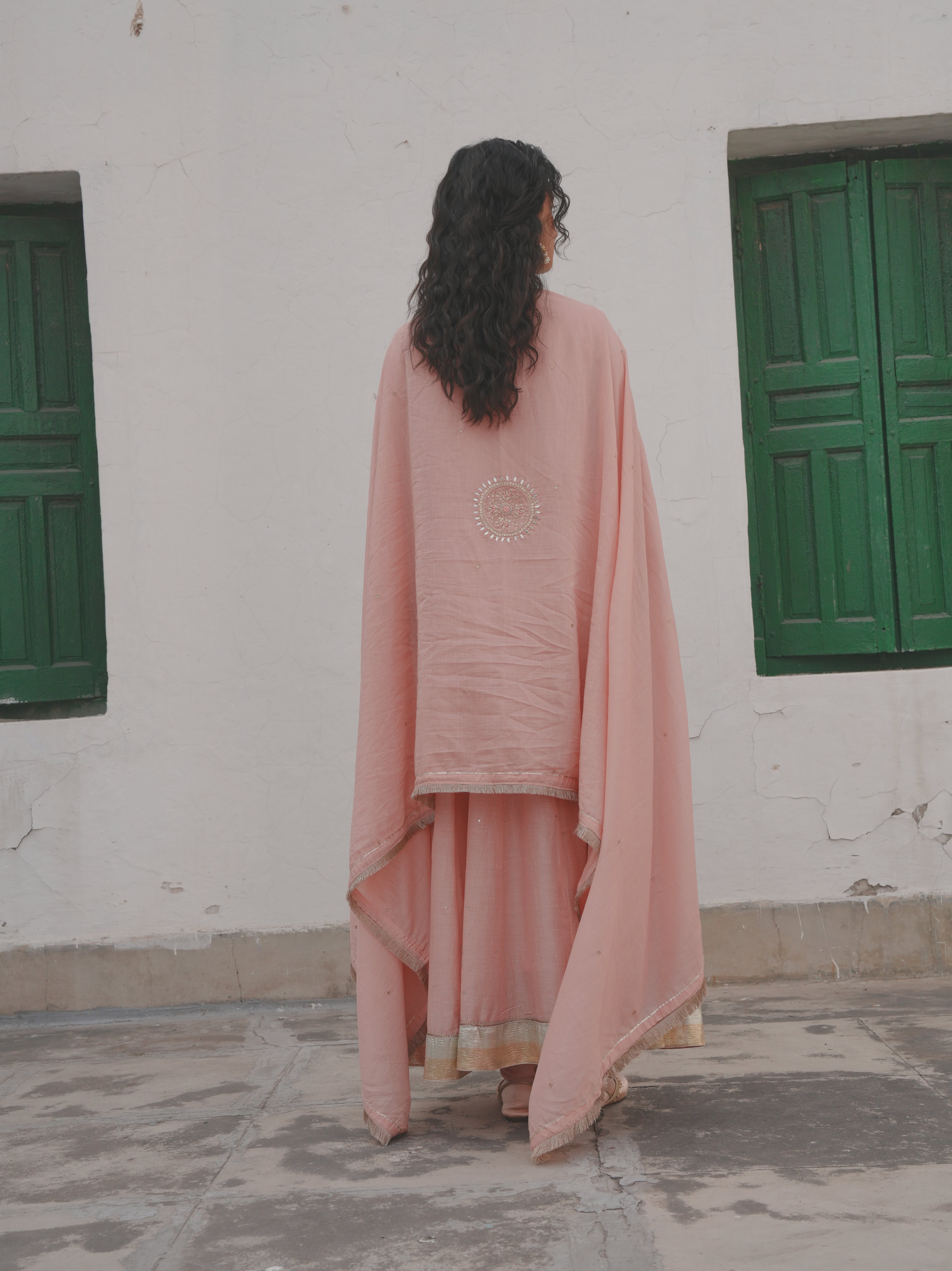 BABY PINK MUL CHANDERI ANARKALI SET