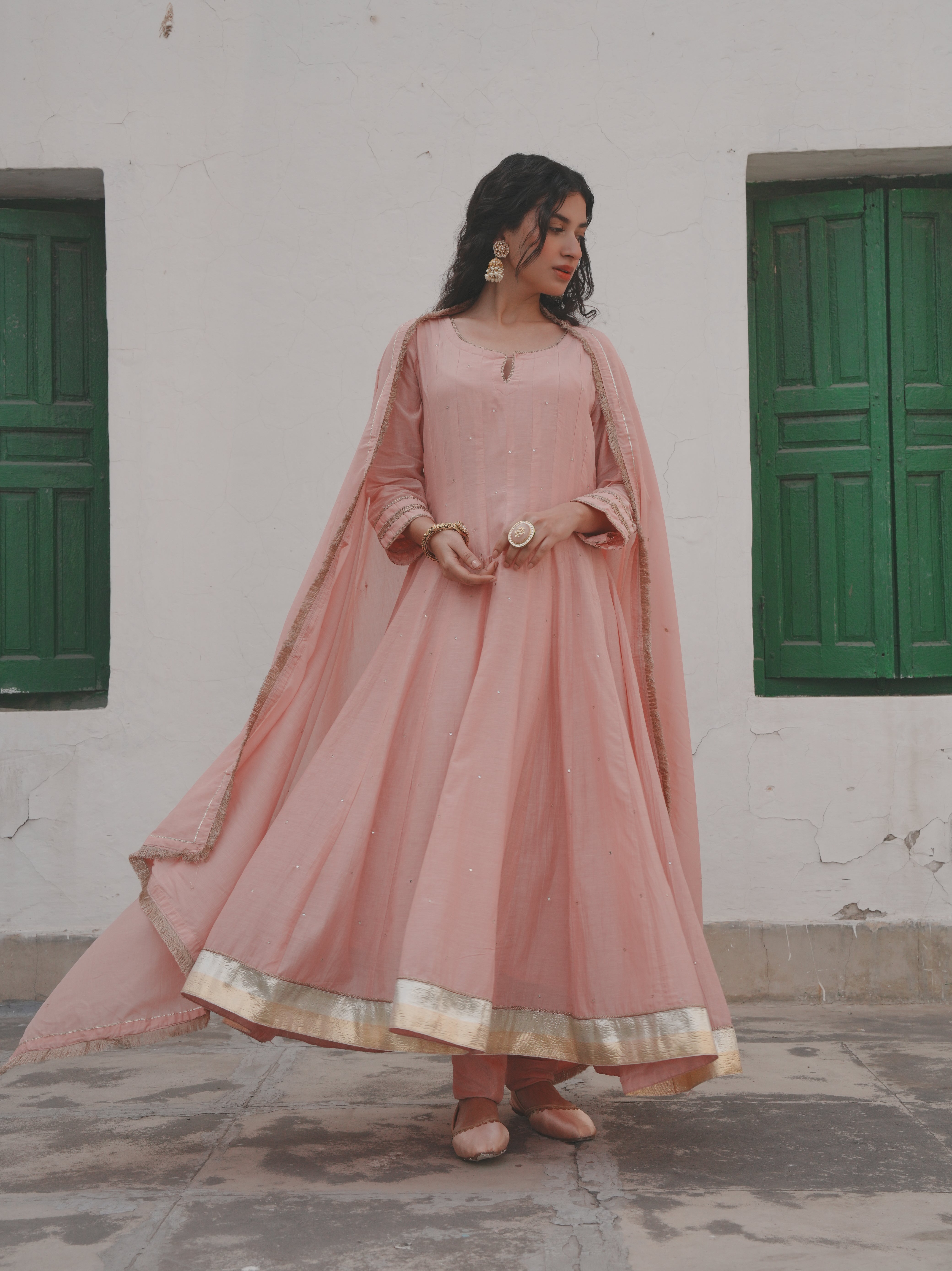 BABY PINK MUL CHANDERI ANARKALI SET