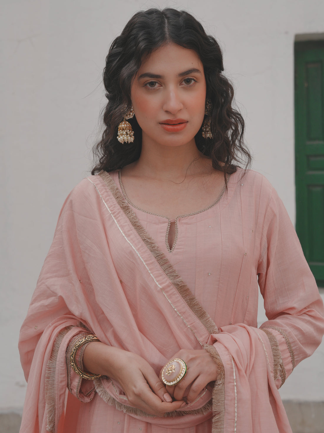 BABY PINK MUL CHANDERI ANARKALI SET