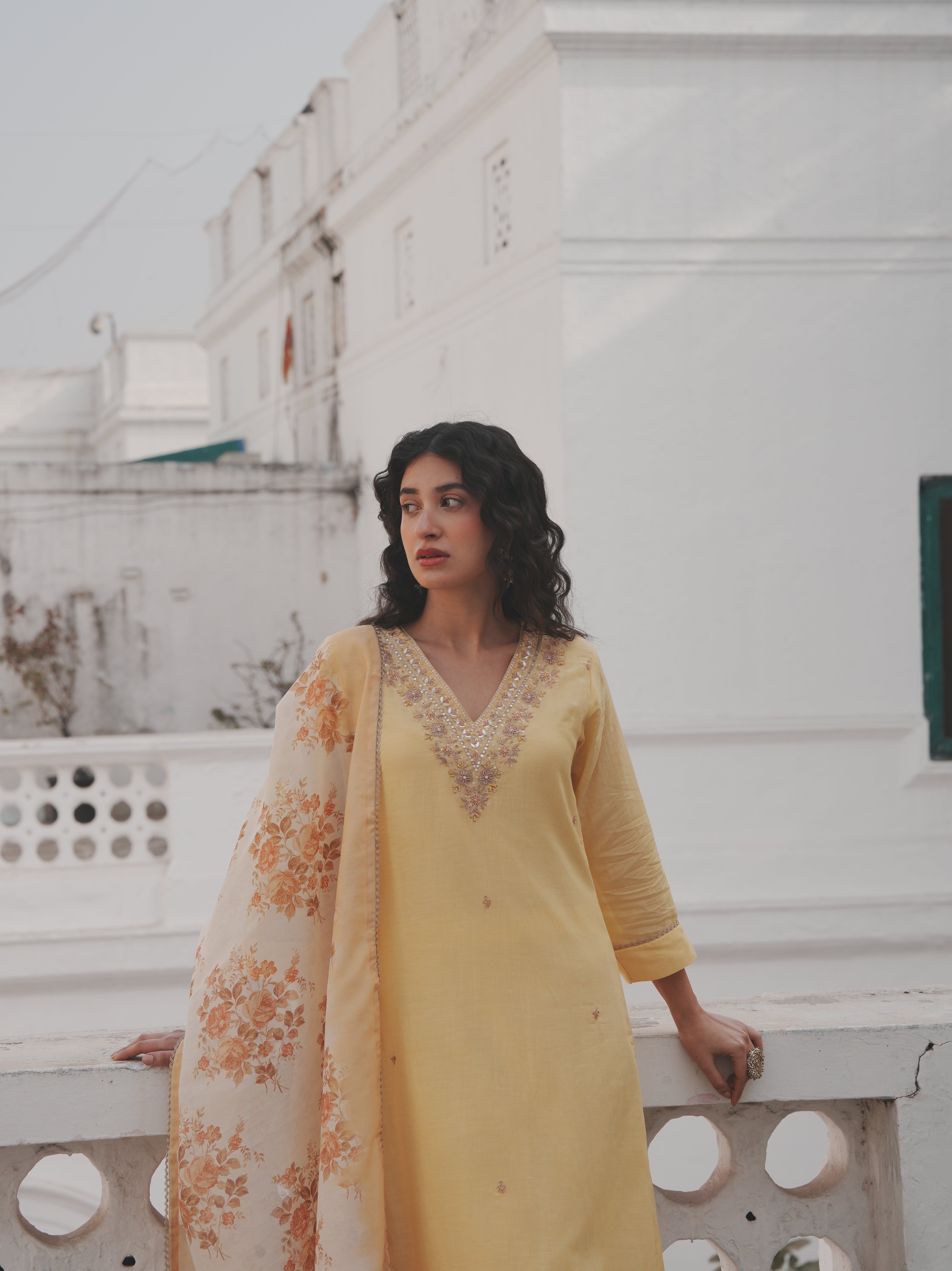 LEMON YELLOW MUL CHANDERI KURTA SET